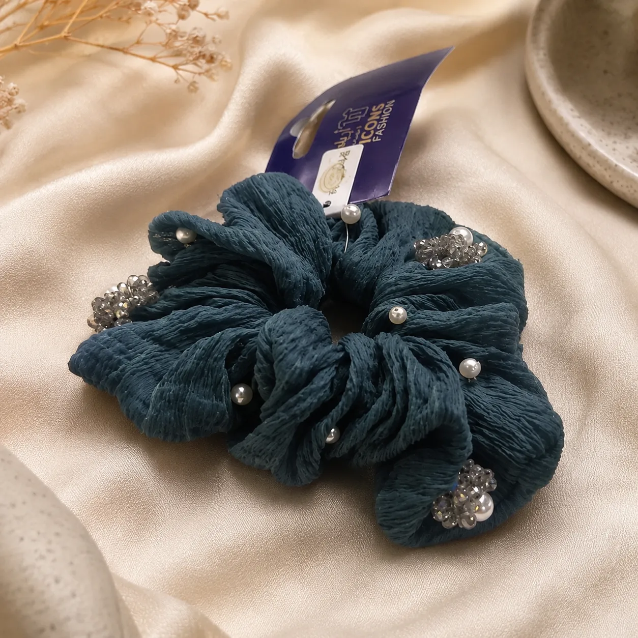 Teal-textured-scrunchie-with-pearl-and-crystal-embellishments-hair-accessory