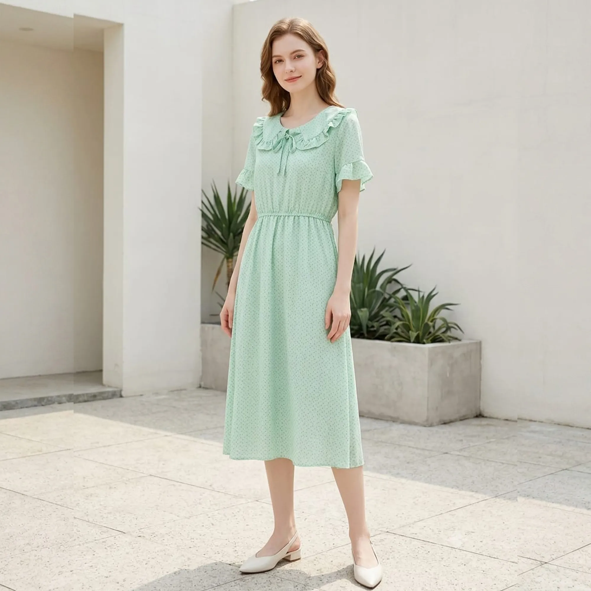 Mint-green-floral-midi-dress-with-ruffled-collar-and-short-ruffle-sleeves