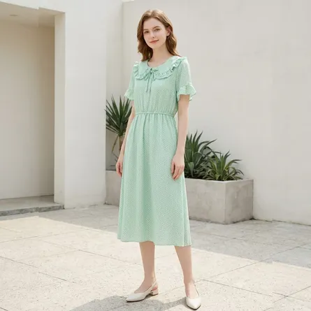 Mint-green-floral-midi-dress-with-ruffled-collar-and-short-ruffle-sleeves
