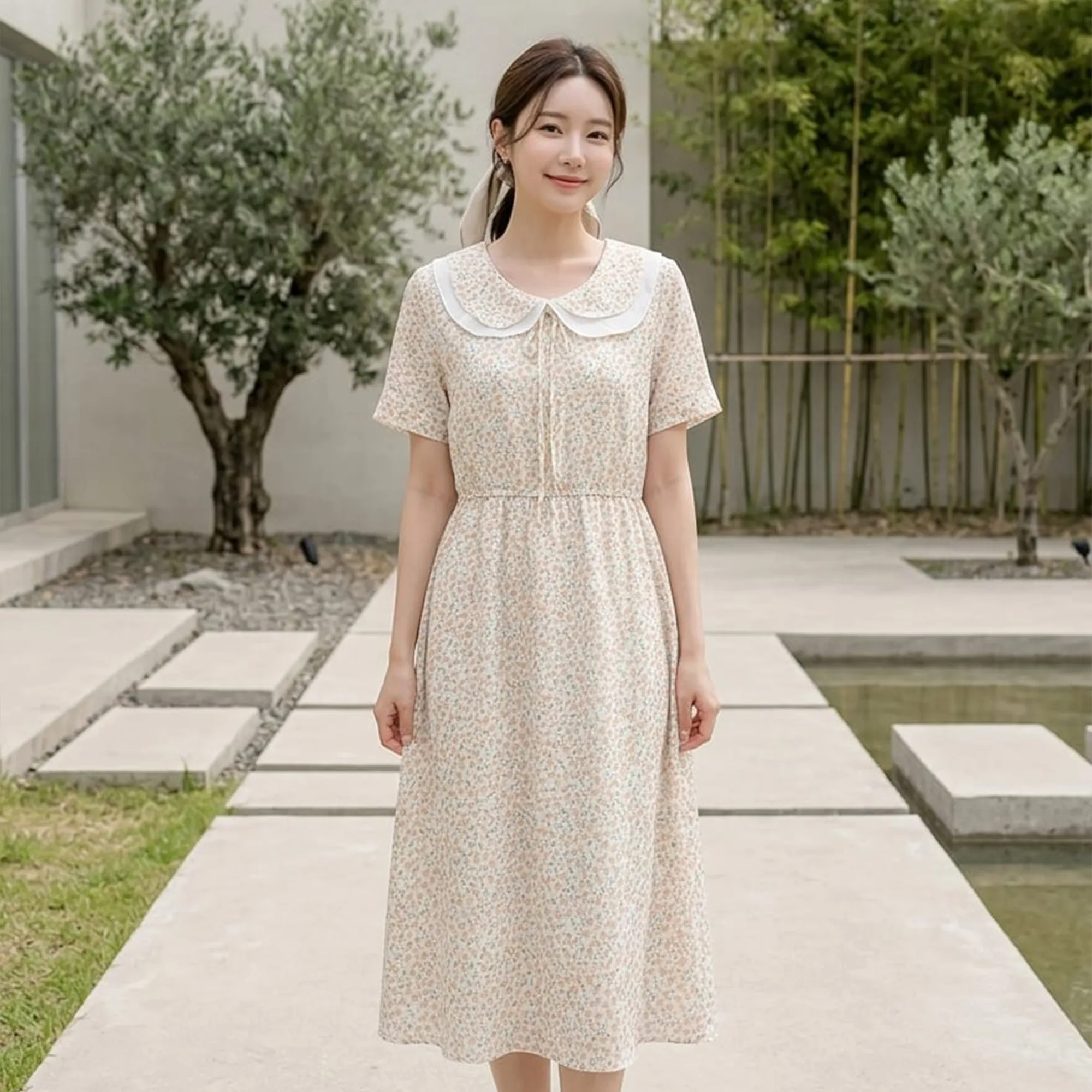 Cream-floral-midi-dress-with-white-peter-pan-collar-and-short-sleeves