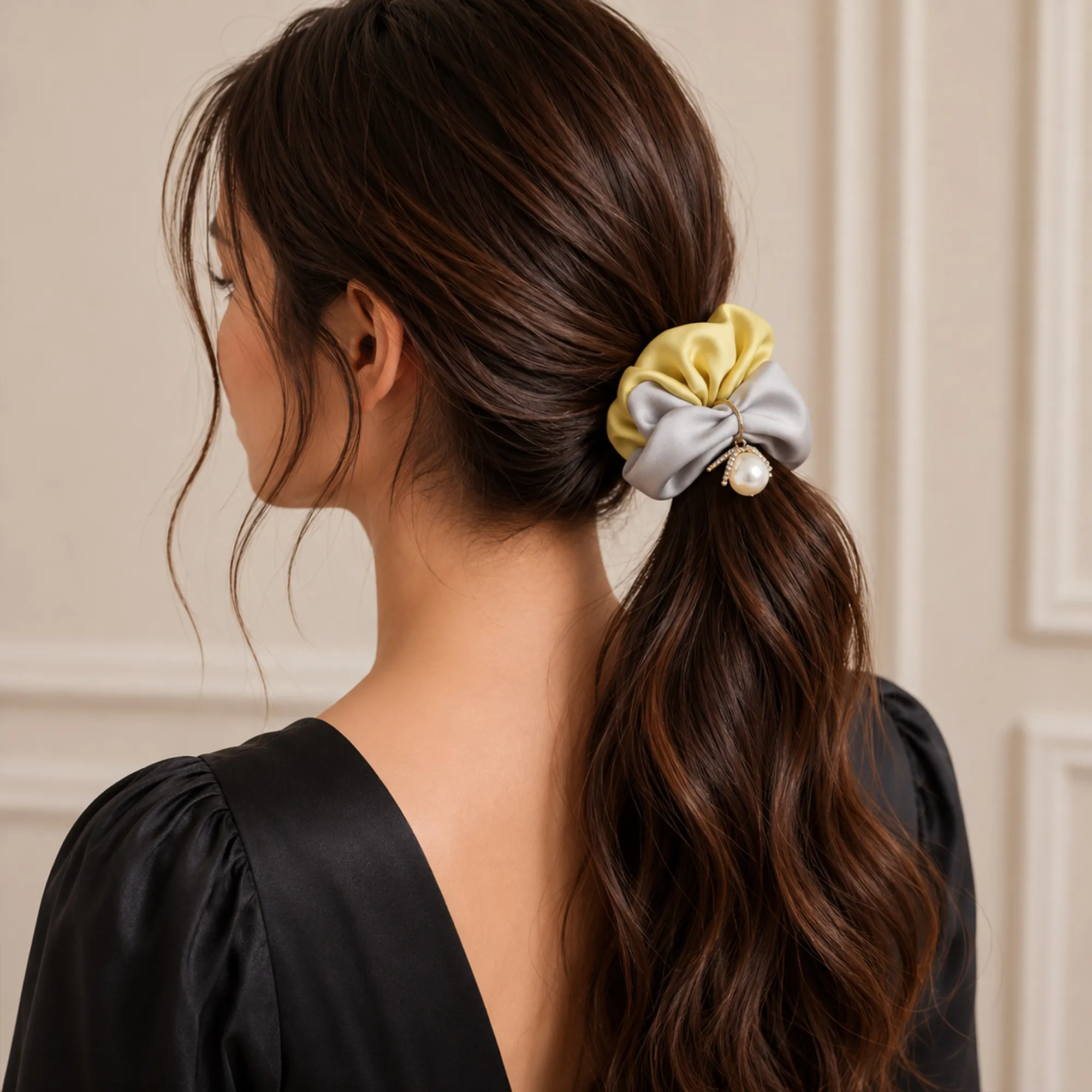 Pastel-yellow-and-white-scrunchie-set-with-pearl-charm-hair-accessories