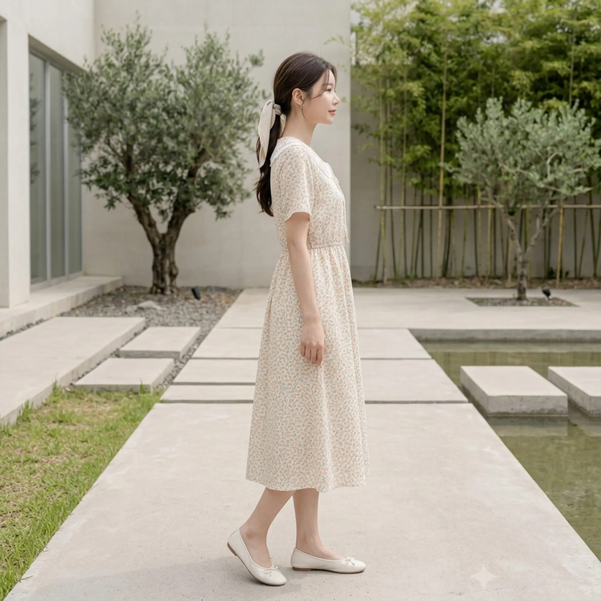 Cream-floral-midi-dress-with-white-peter-pan-collar-and-short-sleeves