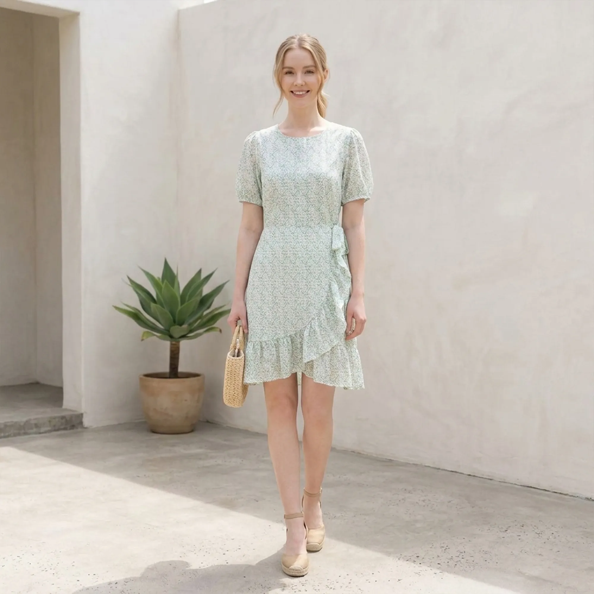 Mint-green-floral-mini-dress-with-puff-sleeves-and-ruffle-hem