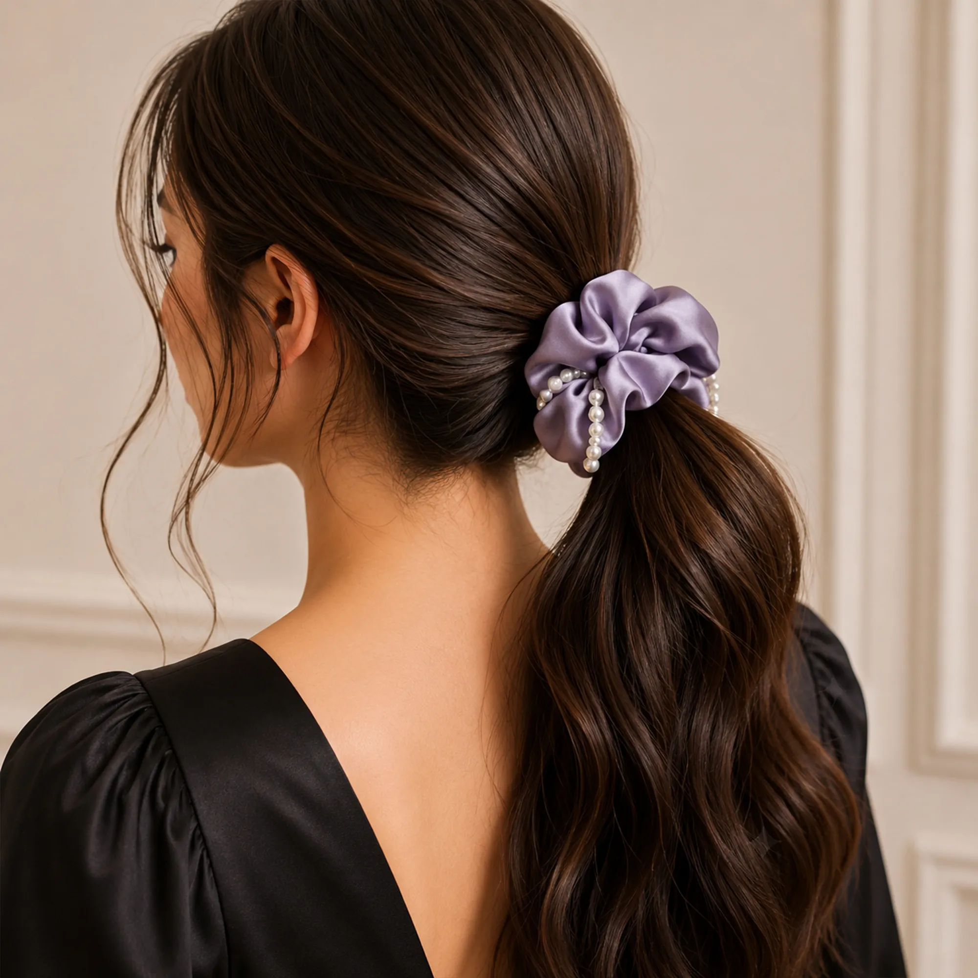 Lavender-satin-scrunchie-with-pearl-embellishment-hair-accessory-for-women