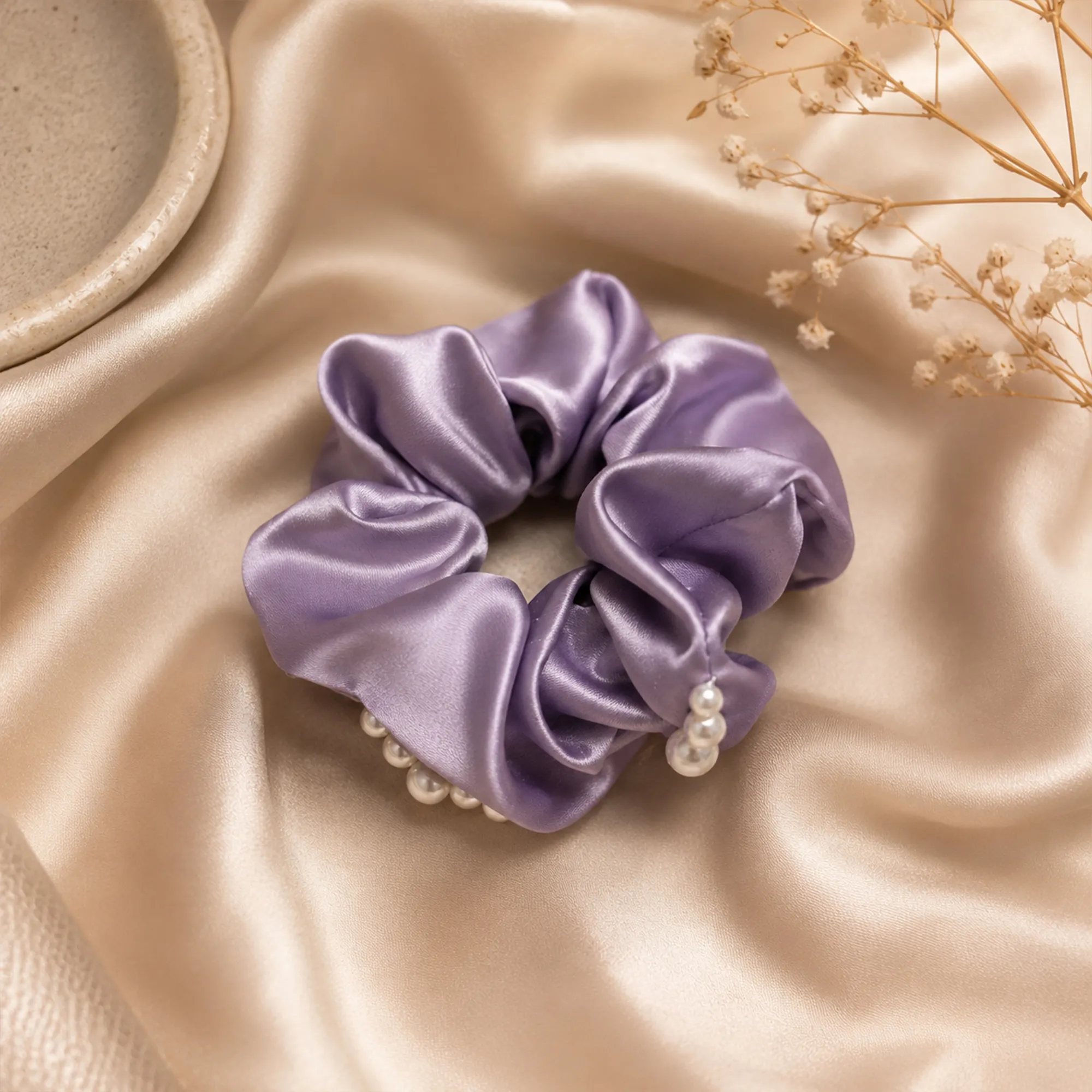 Lavender-satin-scrunchie-with-pearl-embellishment-hair-accessory-for-women