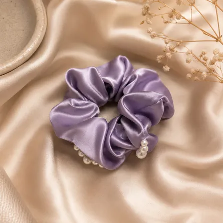 Lavender-satin-scrunchie-with-pearl-embellishment-hair-accessory-for-women