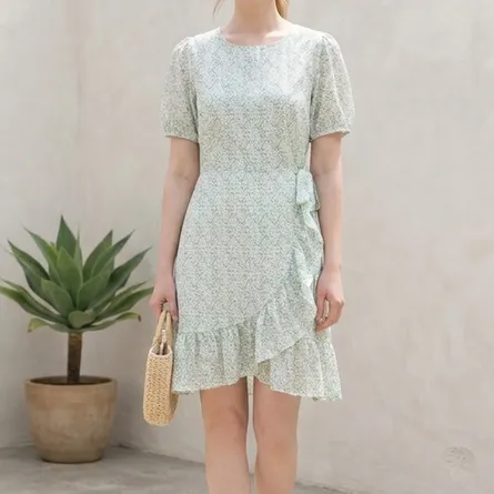 Mint-green-floral-mini-dress-with-puff-sleeves-and-ruffle-hem