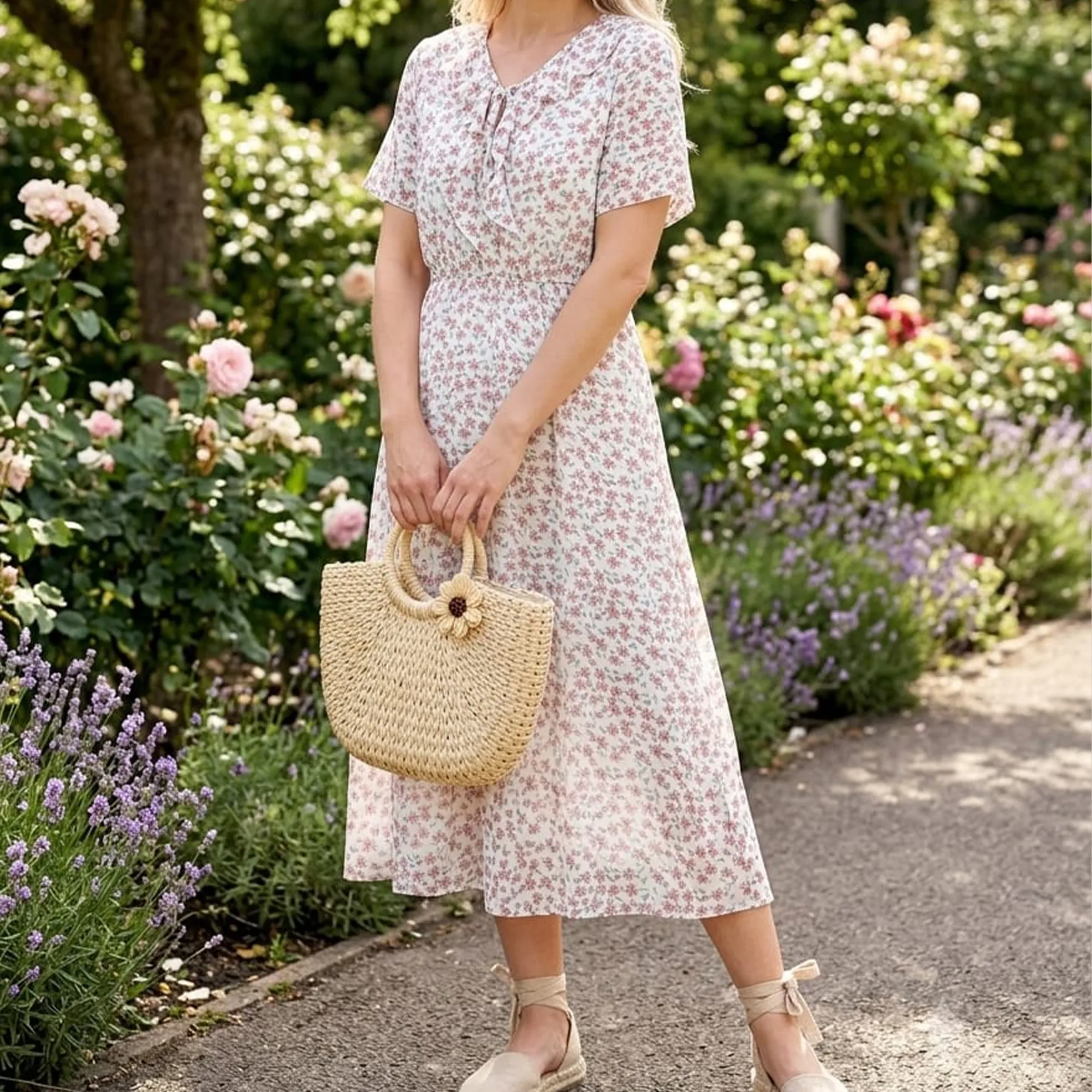 Off-white-floral-midi-dress-for-women-with-v-neck-and-short-sleeves