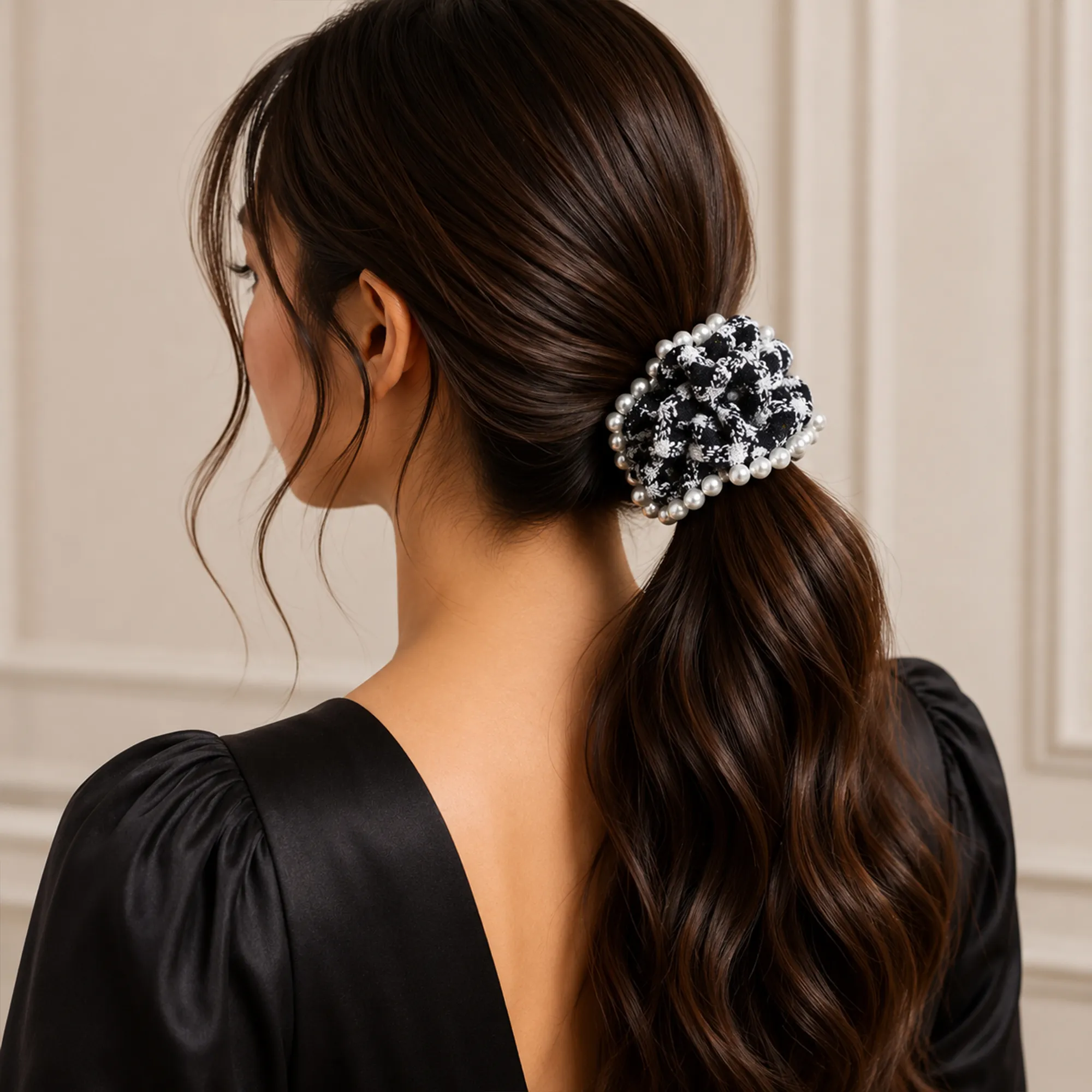 Navy-blue-and-white-textured-scrunchie-with-pearl-embellishment-hair-accessory
