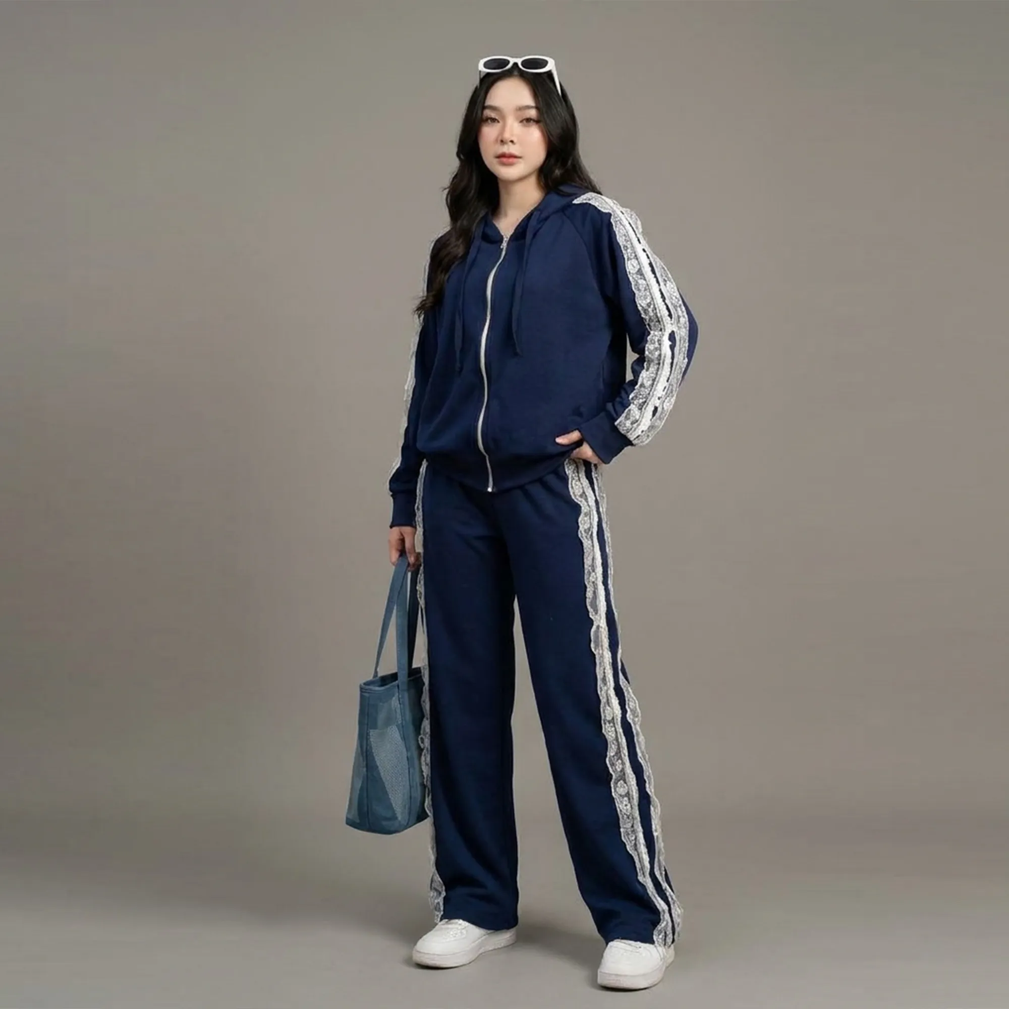 Navy-blue-lace-panel-hooded-co-ord-set-for-women-with-zip-up-hoodie-and-straight-leg-pants