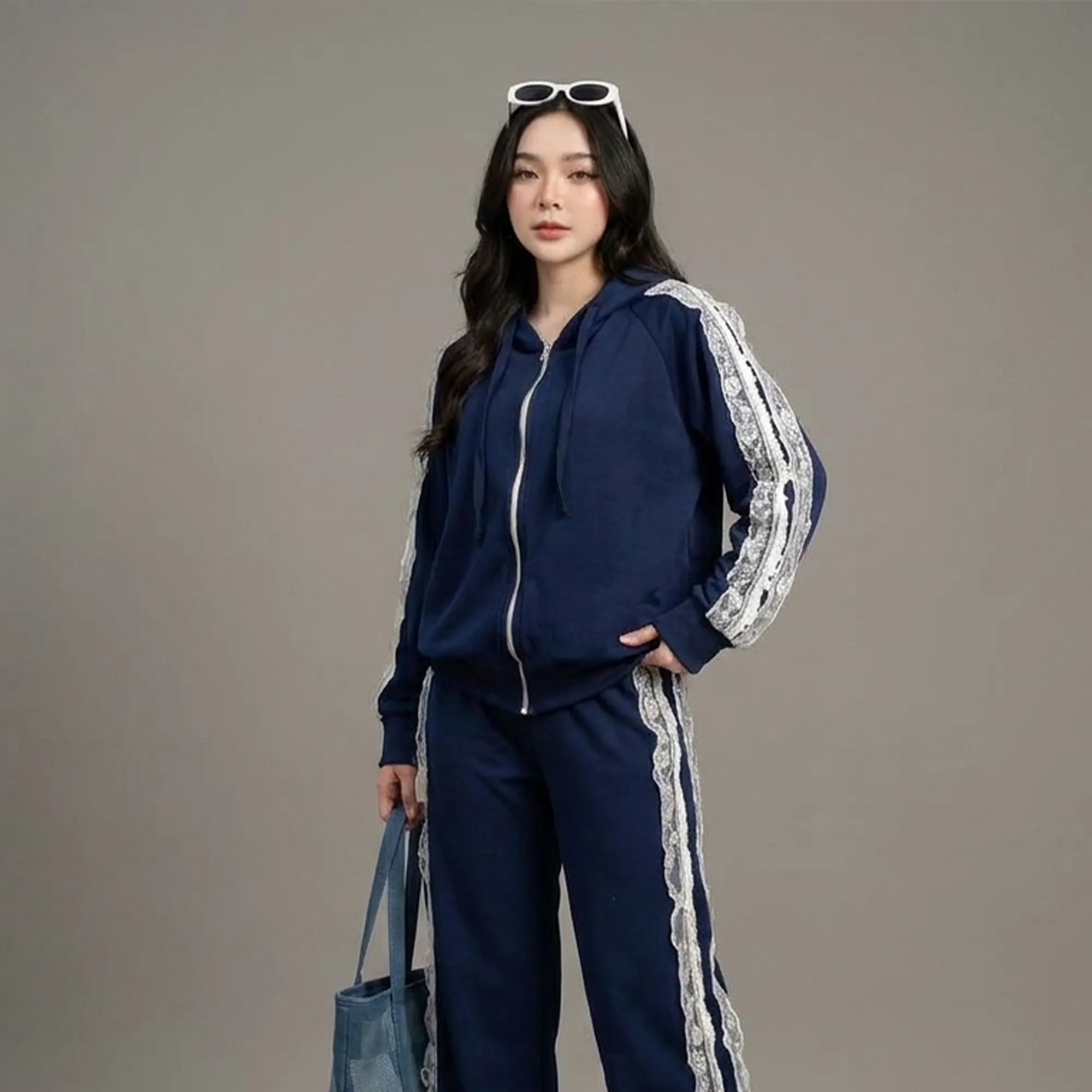 Navy-blue-lace-panel-hooded-co-ord-set-for-women-with-zip-up-hoodie-and-straight-leg-pants