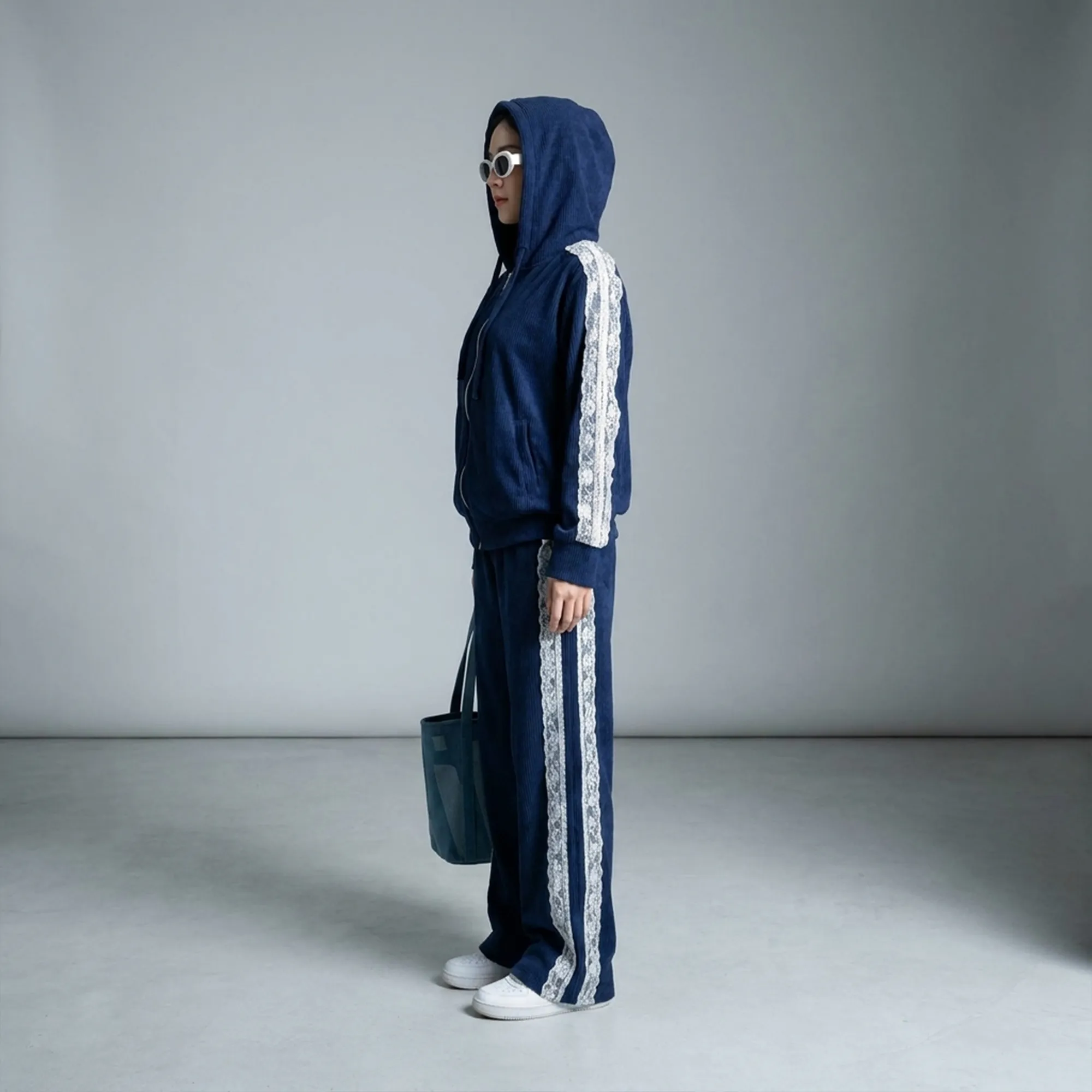 Navy-blue-lace-panel-hooded-co-ord-set-for-women-with-zip-up-hoodie-and-straight-leg-pants
