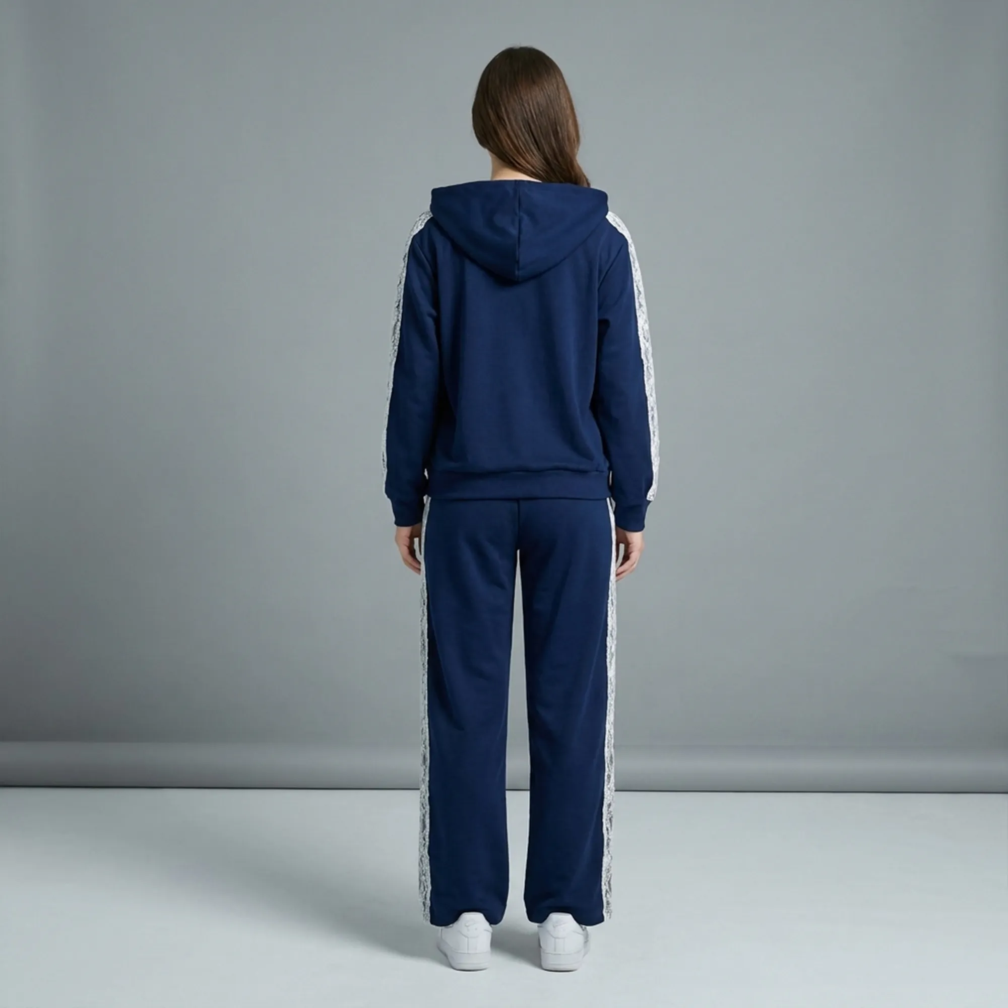 Navy-blue-lace-panel-hooded-co-ord-set-for-women-with-zip-up-hoodie-and-straight-leg-pants