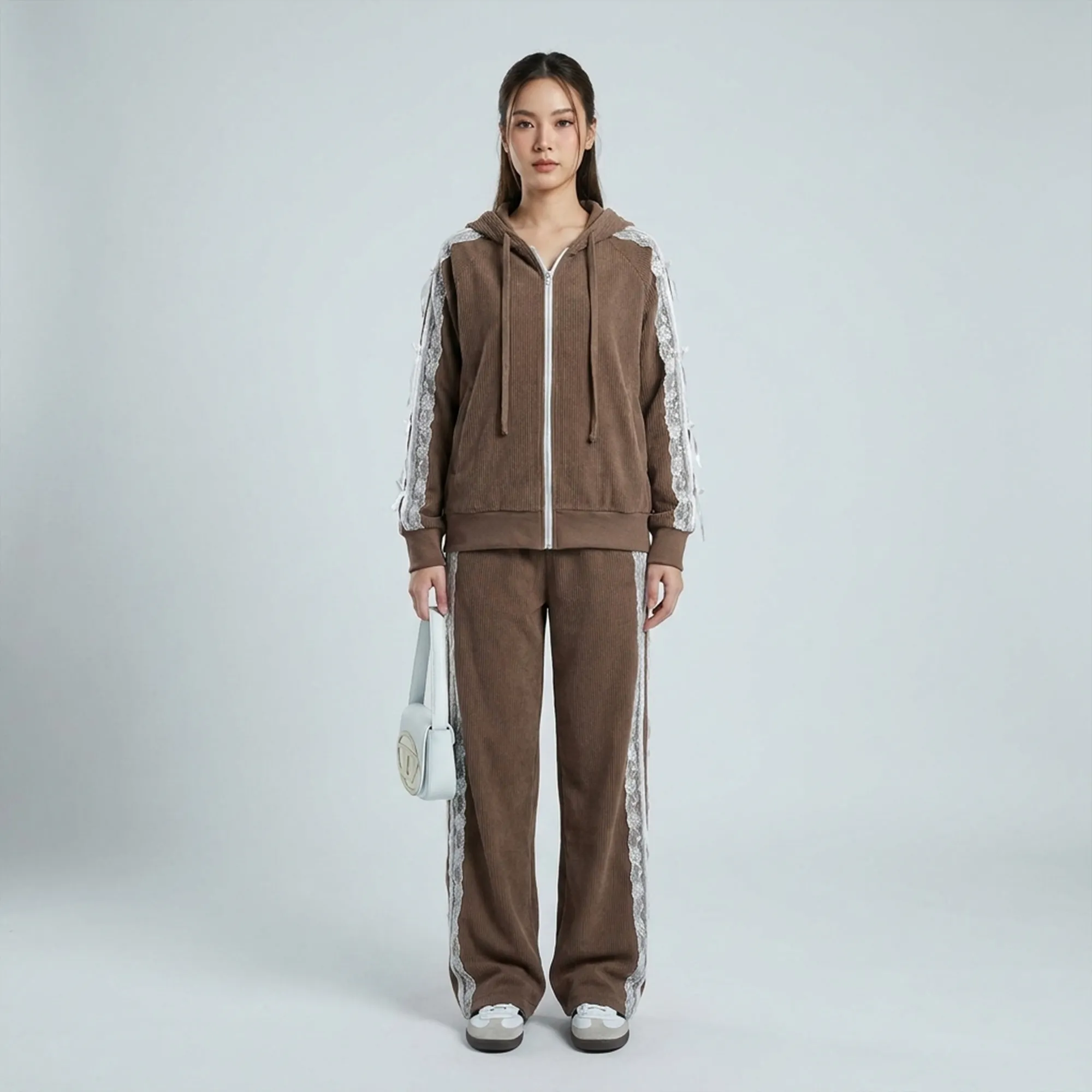 Brown-lace-panel-hooded-co-ord-set-for-women-with-zip-up-hoodie-and-straight-leg-pants