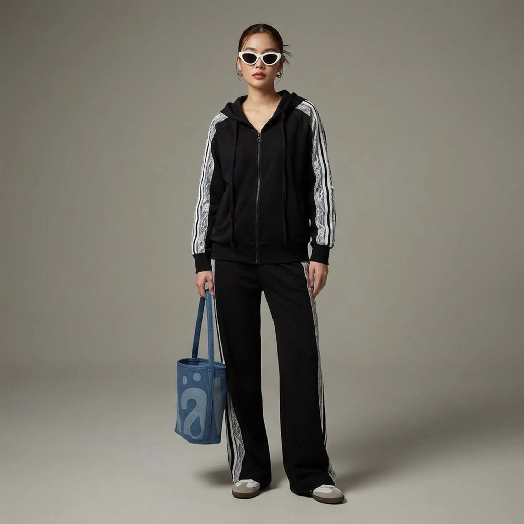 Black-lace-panel-hooded-co-ord-set-for-women-with-zip-up-hoodie-and-straight-leg-pants