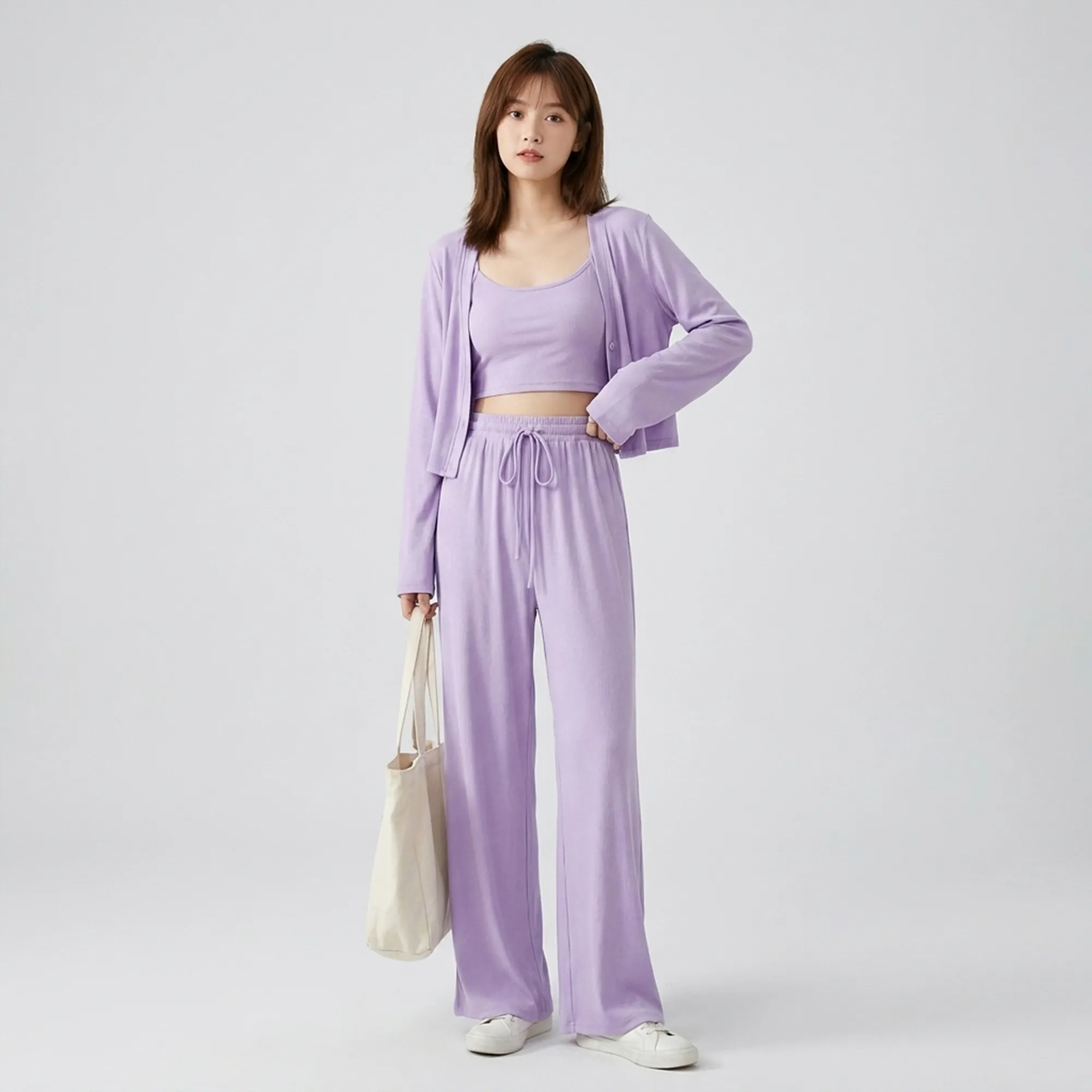Lavender-three-piece-co-ord-set-with-crop-top-cardigan-and-wide-leg-drawstring-pants-for-women