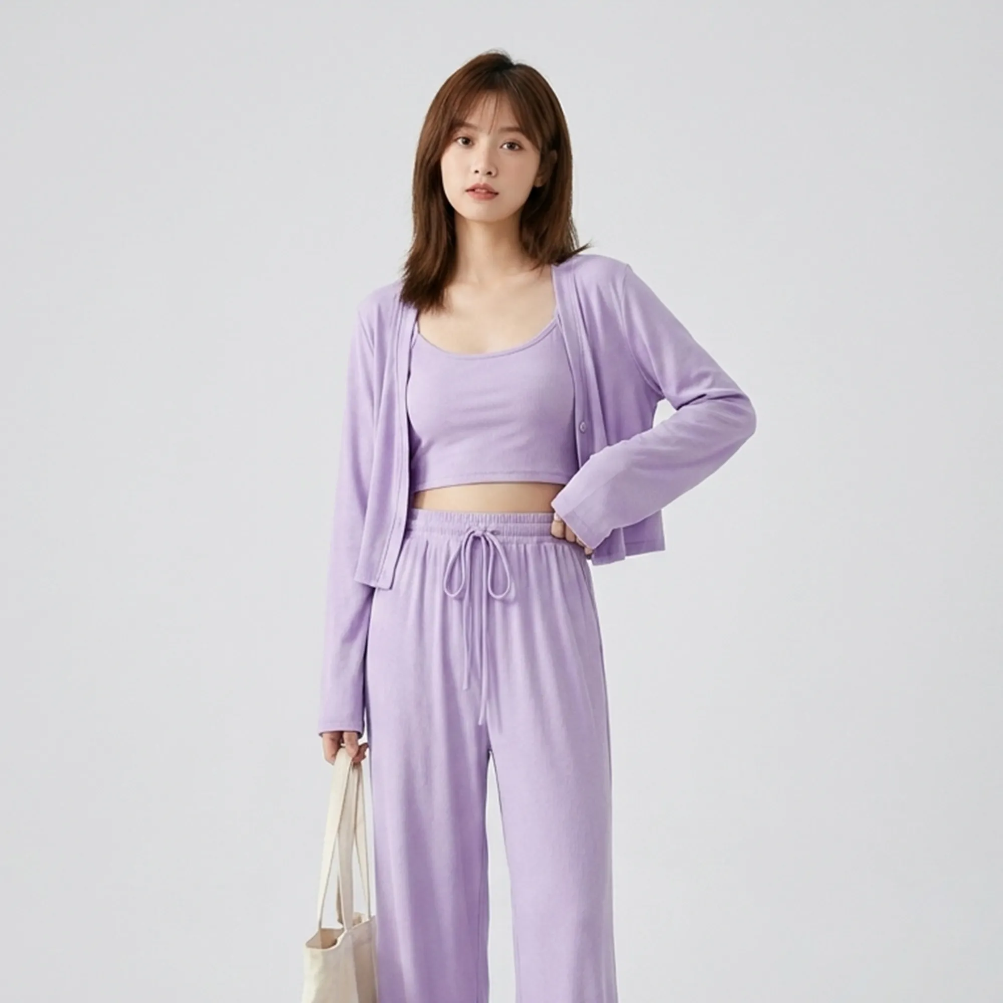 Lavender-three-piece-co-ord-set-with-crop-top-cardigan-and-wide-leg-drawstring-pants-for-women