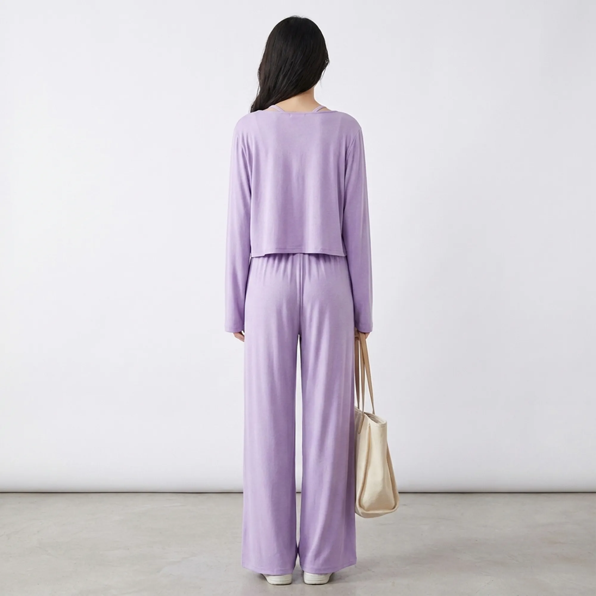 Lavender-three-piece-co-ord-set-with-crop-top-cardigan-and-wide-leg-drawstring-pants-for-women