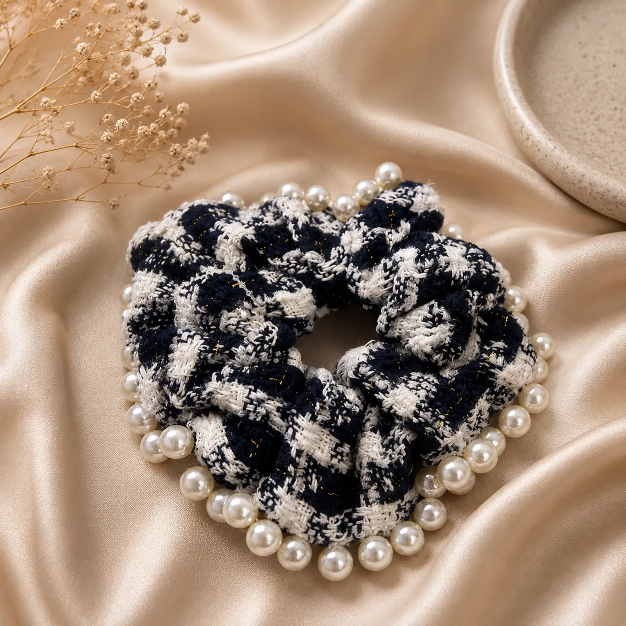 Navy-blue-and-white-textured-scrunchie-with-pearl-embellishment-hair-accessory