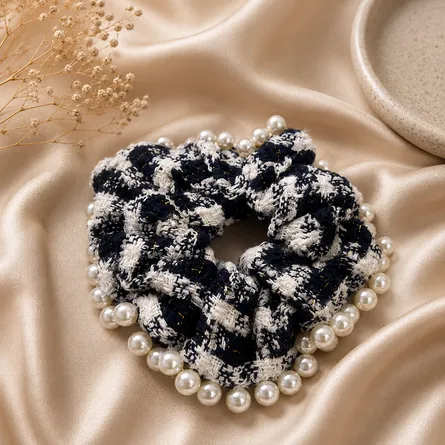 Navy-blue-and-white-textured-scrunchie-with-pearl-embellishment-hair-accessory
