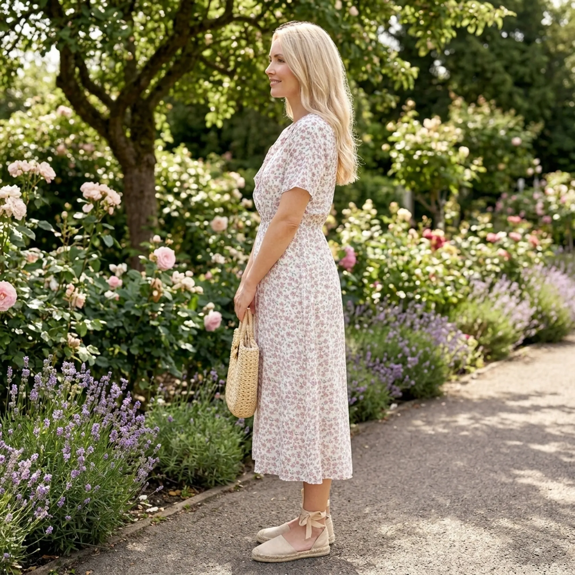 Off-white-floral-midi-dress-for-women-with-v-neck-and-short-sleeves