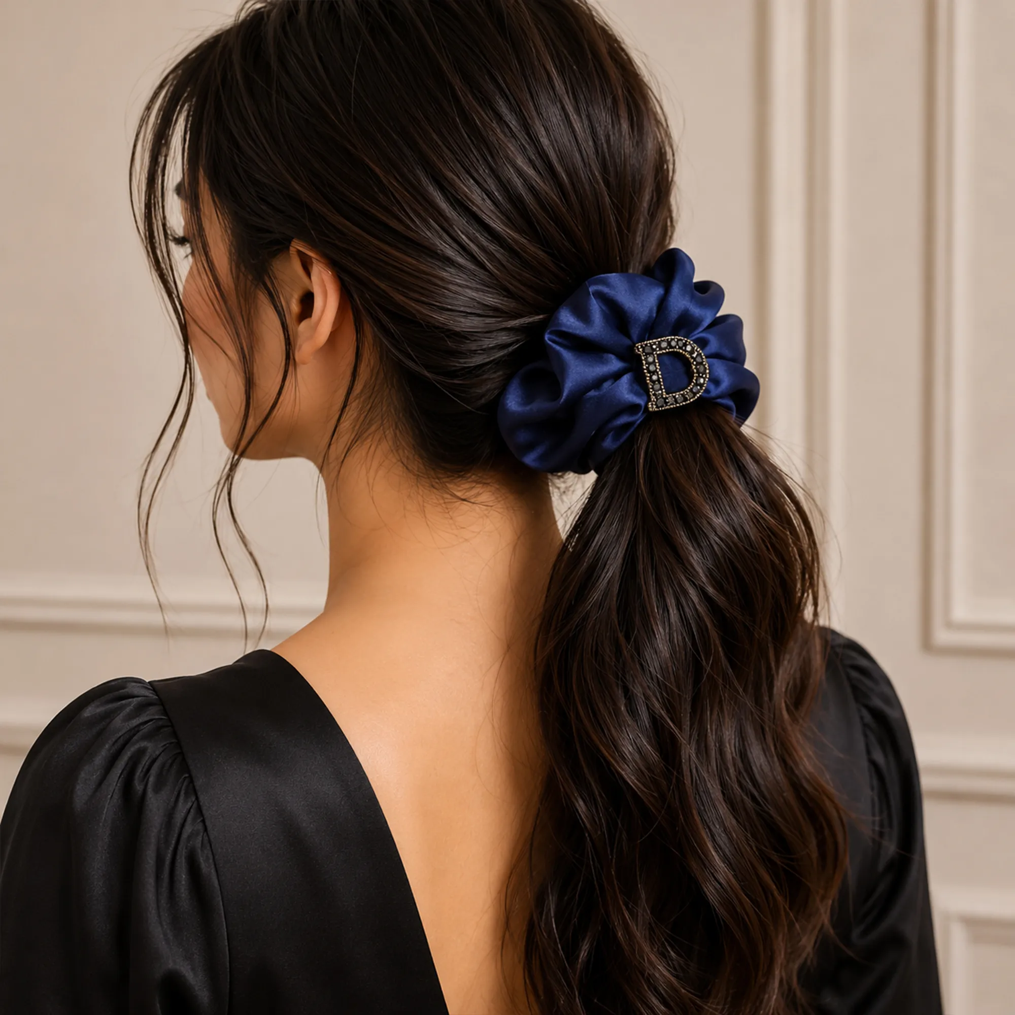 Navy-blue-satin-scrunchie-with-rhinestone-buckle-hair-accessory-for-women