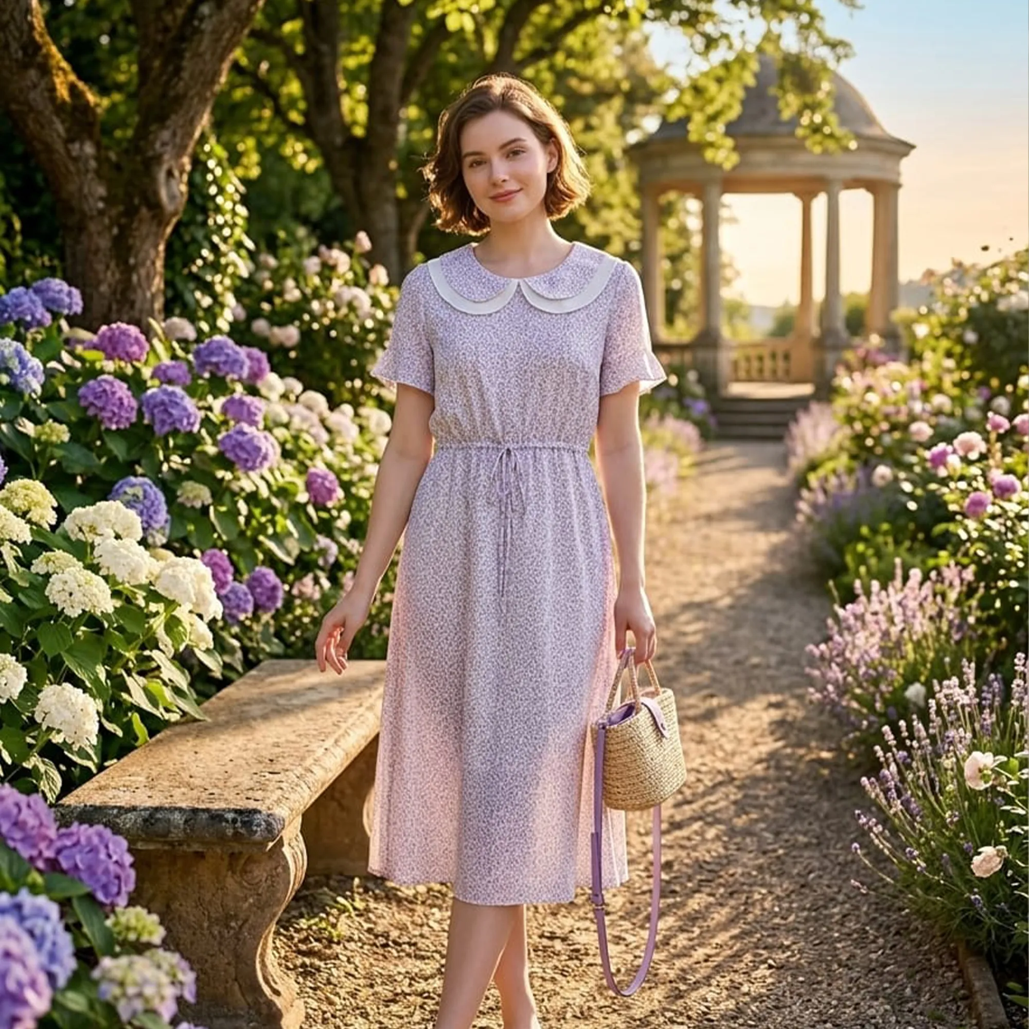 Pastel-lavender-floral-midi-dress-for-women-with-peter-pan-collar-and-tie-waist