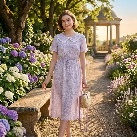 Pastel-lavender-floral-midi-dress-for-women-with-peter-pan-collar-and-tie-waist
