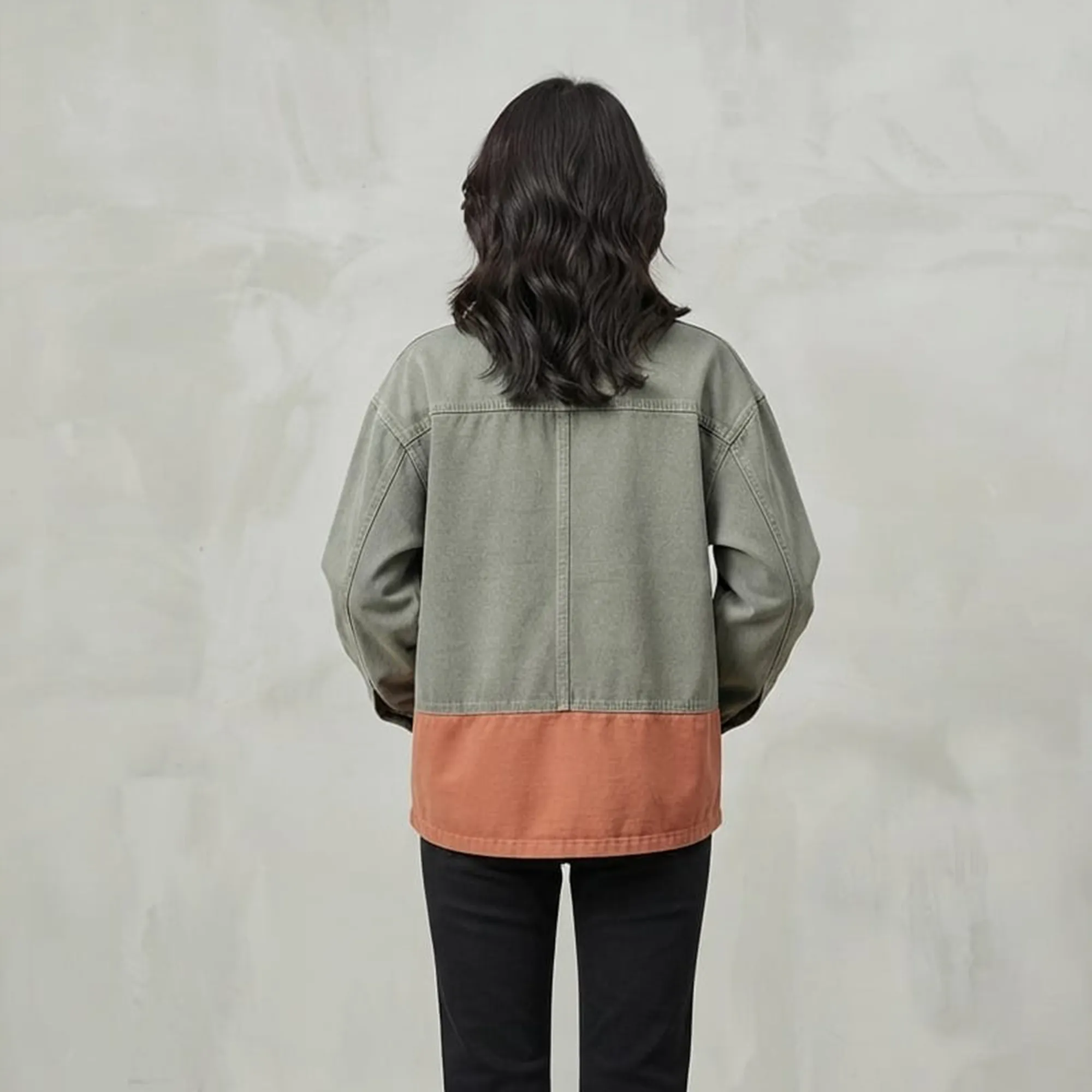 Sage-green-and-rust-color-block-oversized-denim-jacket-for-women-with-button-front-and-chest-pocket