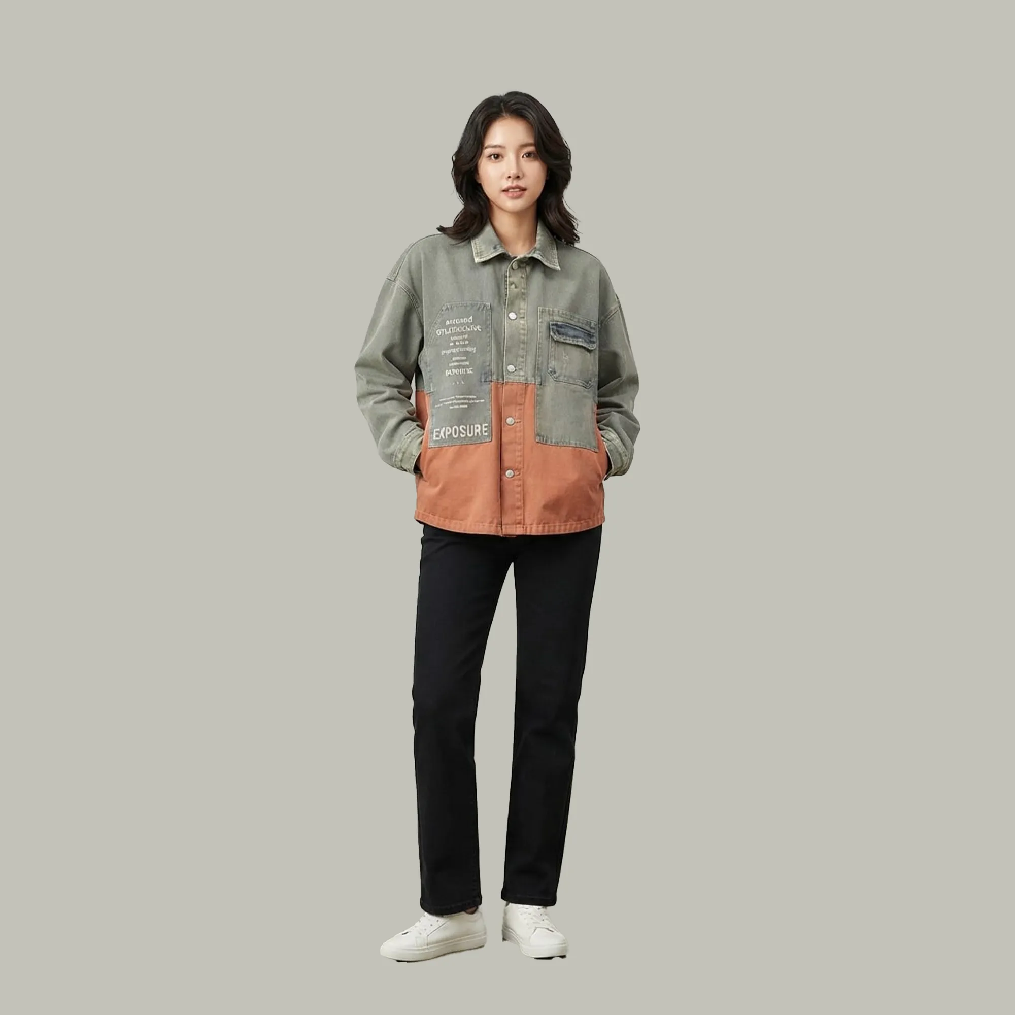 Sage-green-and-rust-color-block-oversized-denim-jacket-for-women-with-button-front-and-chest-pocket