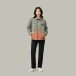 Sage-green-and-rust-color-block-oversized-denim-jacket-for-women-with-button-front-and-chest-pocket