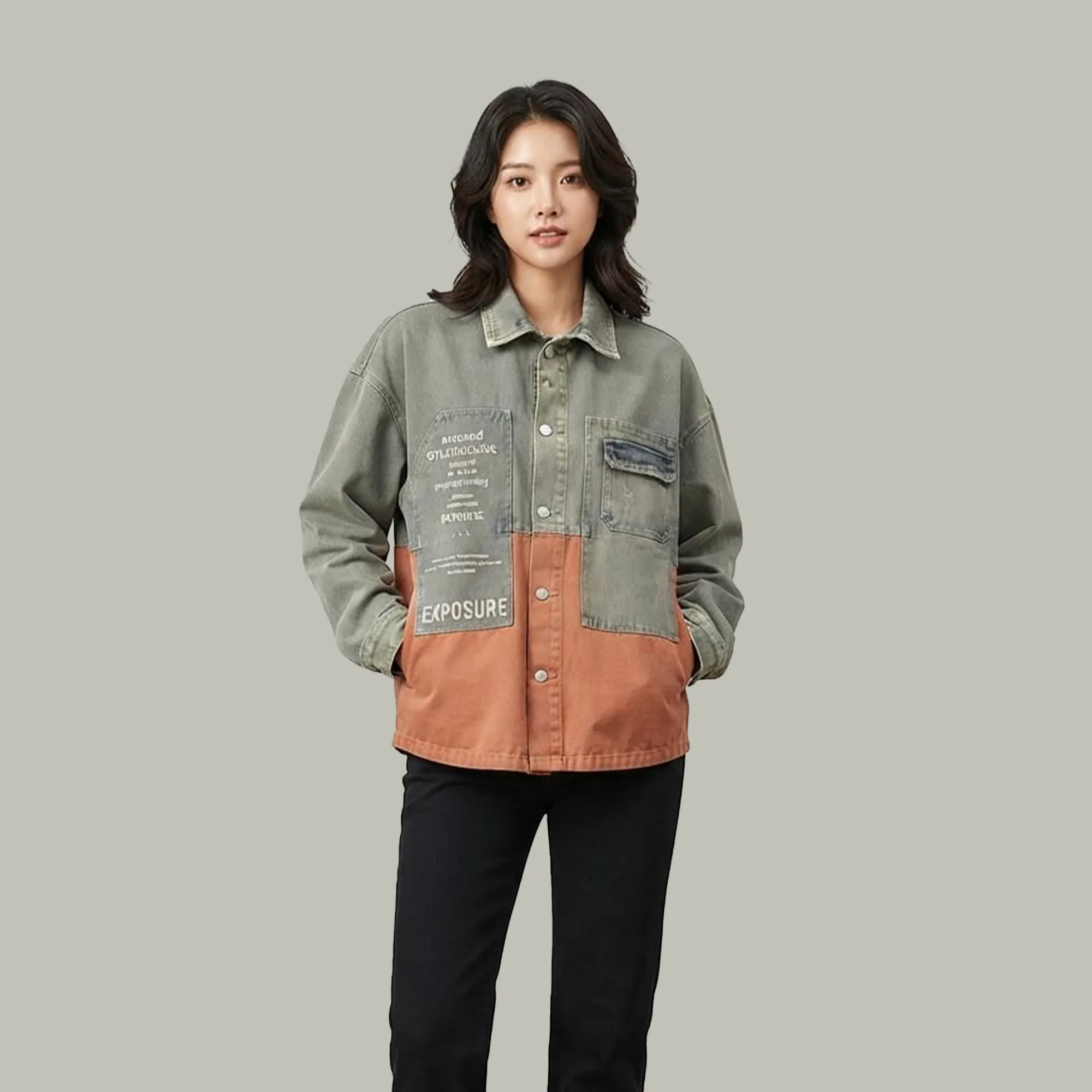 Sage-green-and-rust-color-block-oversized-denim-jacket-for-women-with-button-front-and-chest-pocket