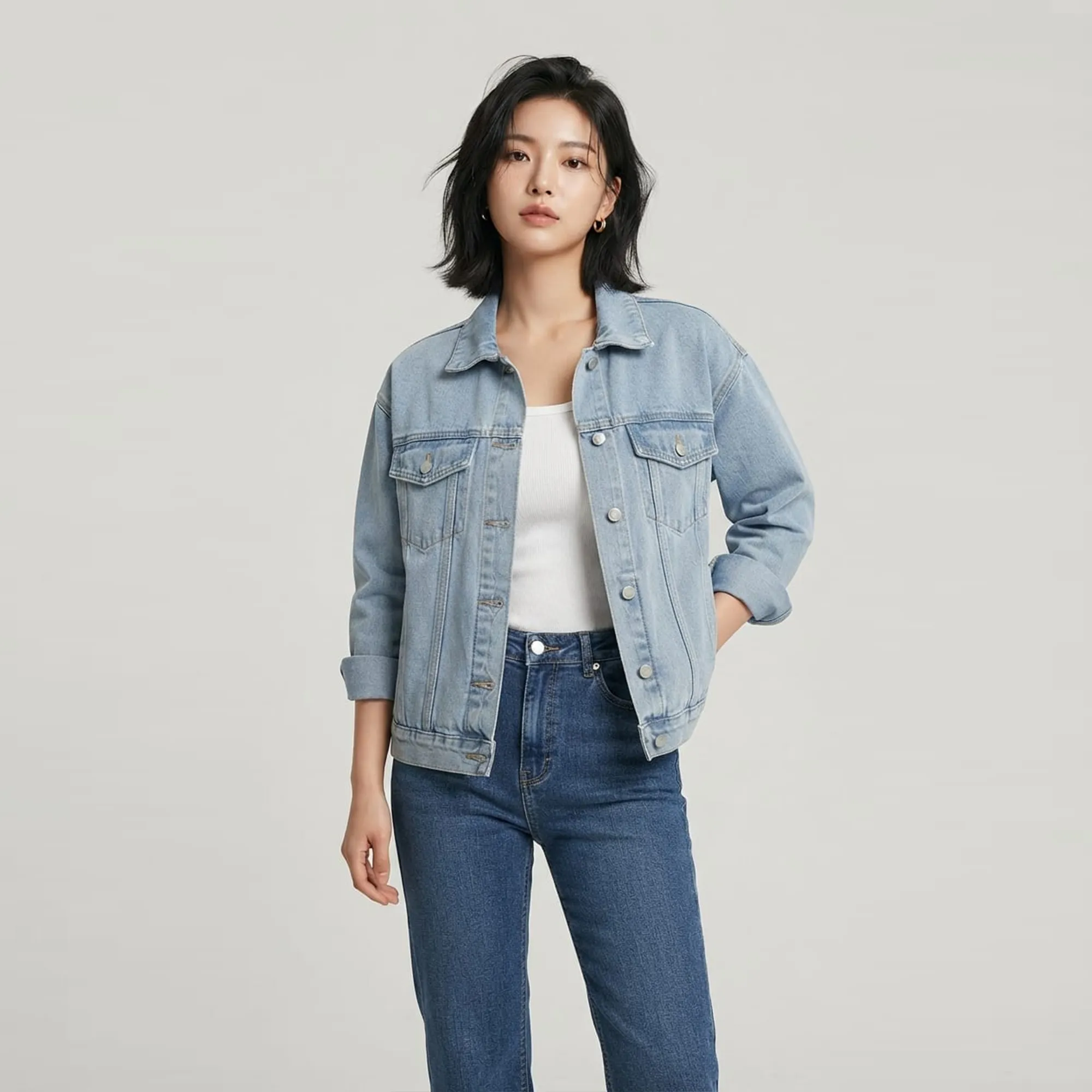 Light-blue-classic-button-front-denim-jacket-for-women-with-flap-chest-pockets