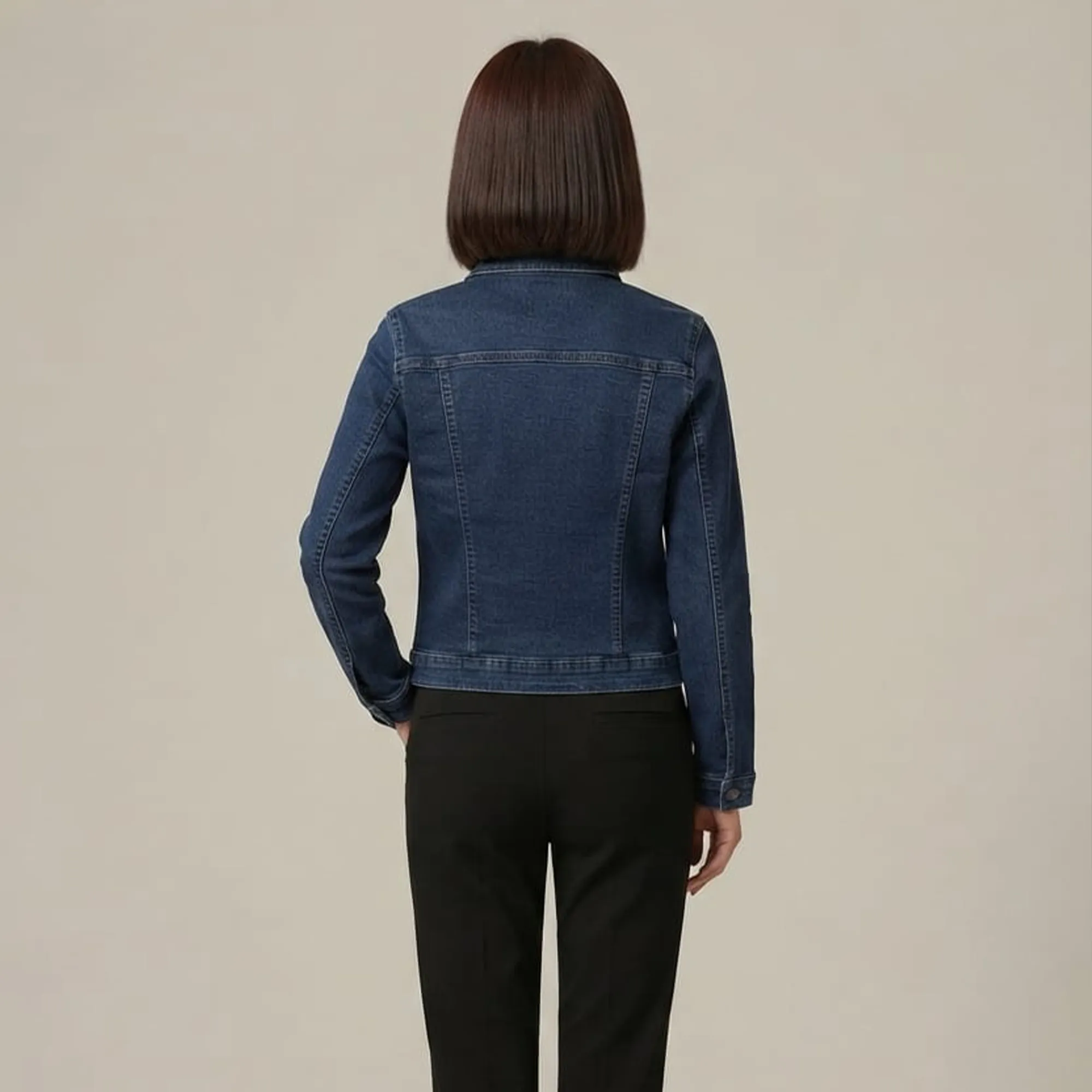 Dark-blue-fitted-button-front-denim-jacket-for-women-with-flap-chest-pockets