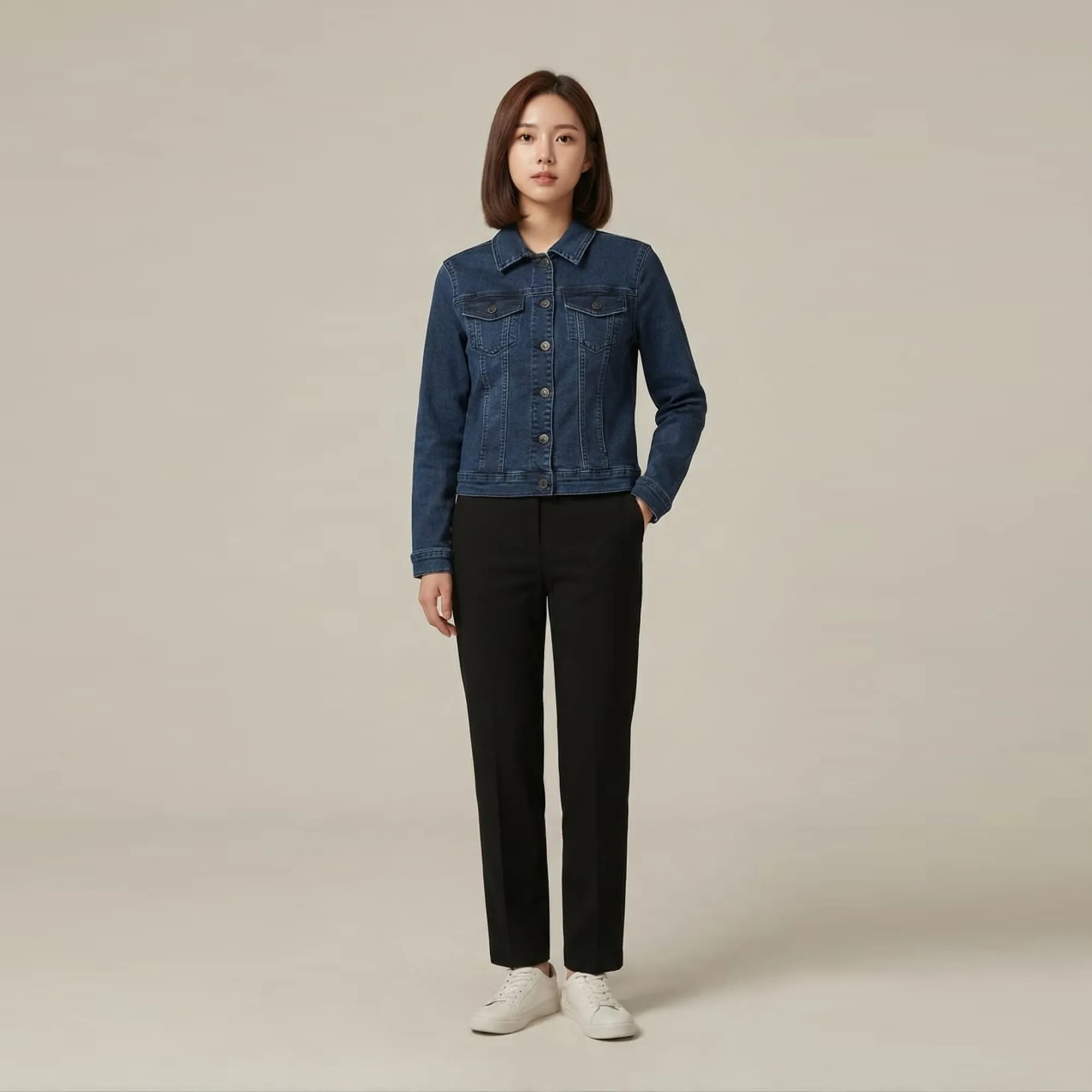 Dark-blue-fitted-button-front-denim-jacket-for-women-with-flap-chest-pockets