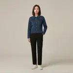 Dark-blue-fitted-button-front-denim-jacket-for-women-with-flap-chest-pockets