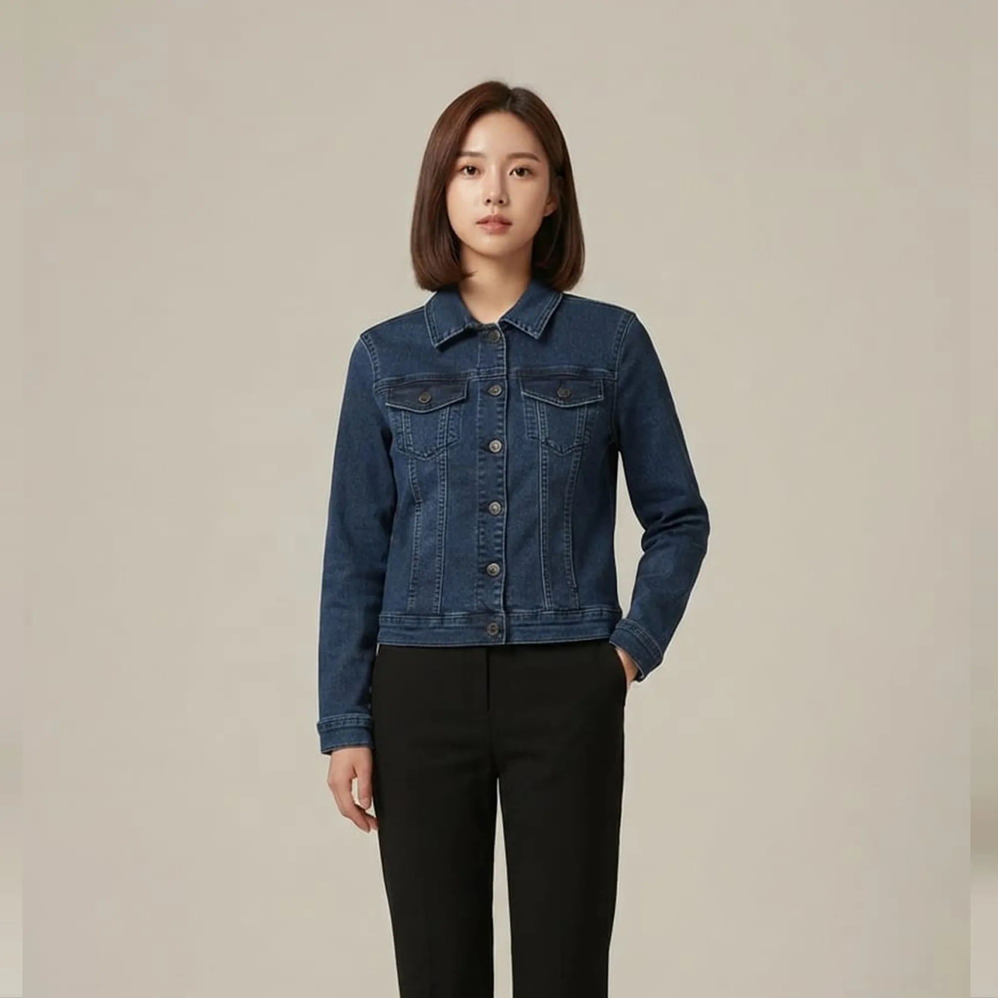 Dark-blue-fitted-button-front-denim-jacket-for-women-with-flap-chest-pockets