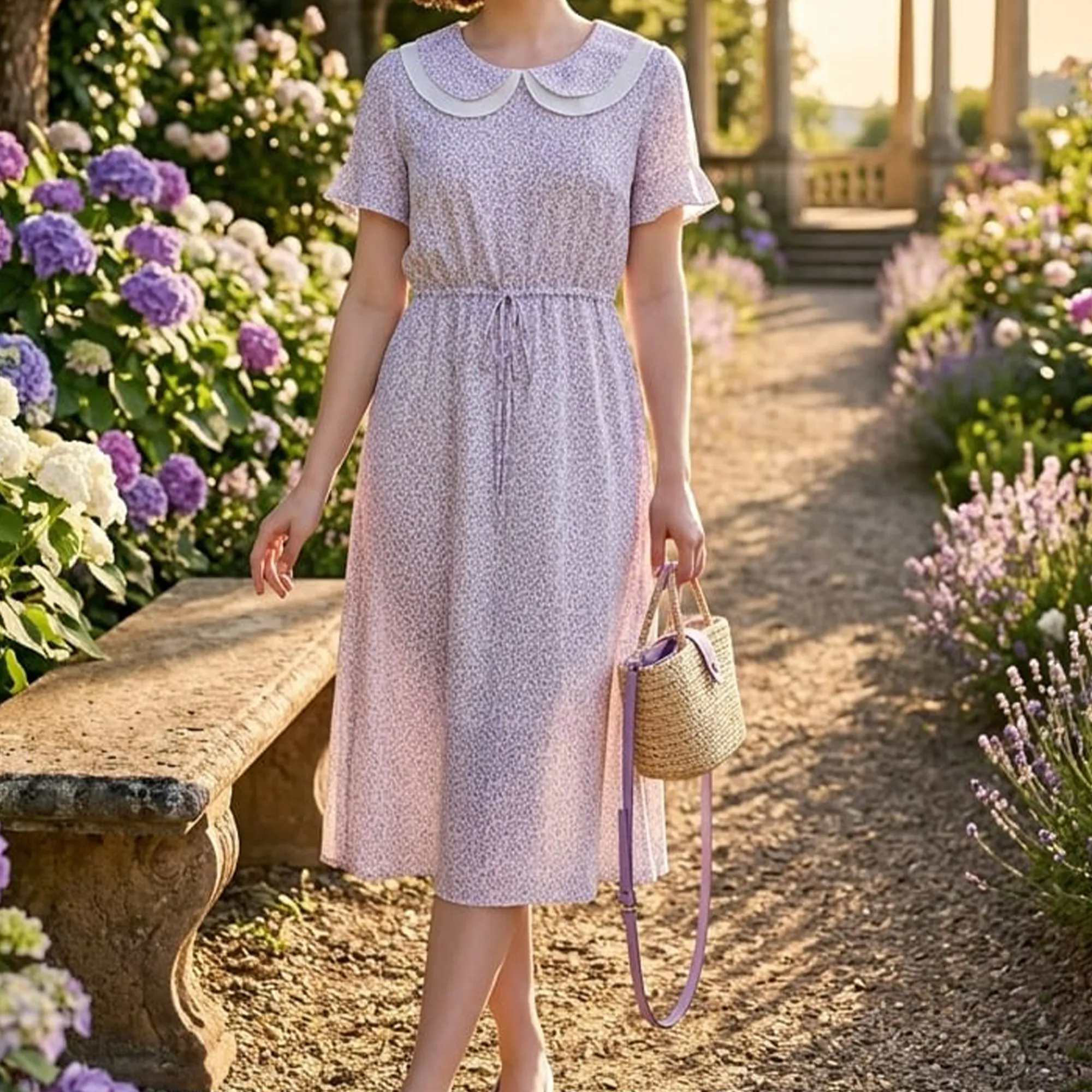 Pastel-lavender-floral-midi-dress-for-women-with-peter-pan-collar-and-tie-waist