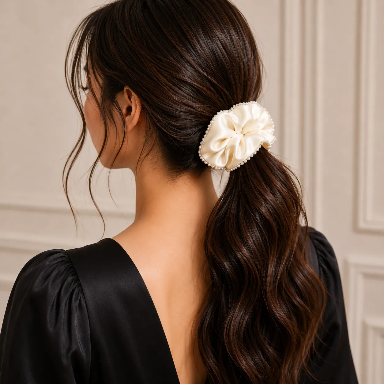 Ivory-satin-scrunchie-with-pearl-beaded-edge-hair-accessory-for-women