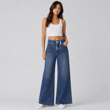 Blue-wide-leg-denim-jeans-for-women-with-high-waist-drawstring-detail-and-front-pockets