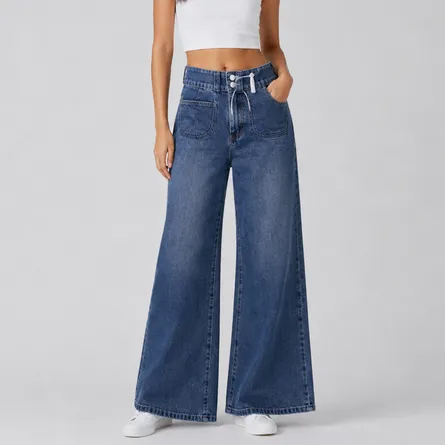 Blue-wide-leg-denim-jeans-for-women-with-high-waist-drawstring-detail-and-front-pockets