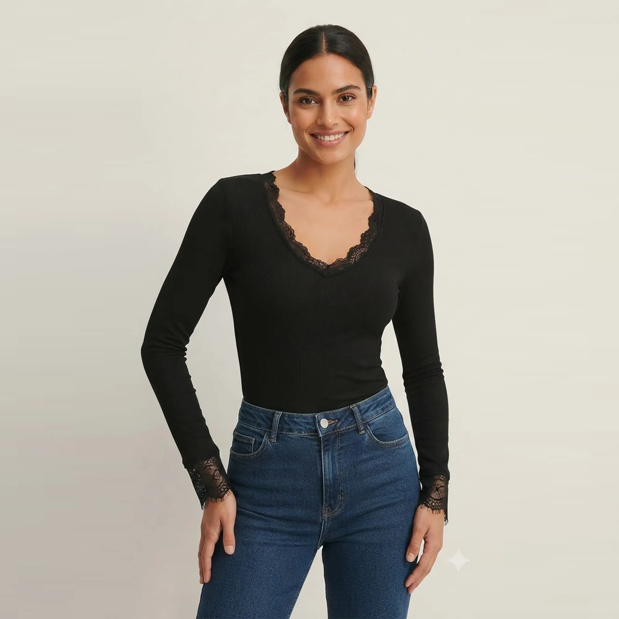 Black-ribbed-lace-V-neck-full-sleeve-fitted-top-for-women