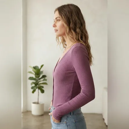 Mauve-ribbed-v-neck-button-front-full-sleeve-fitted-top-for-women
