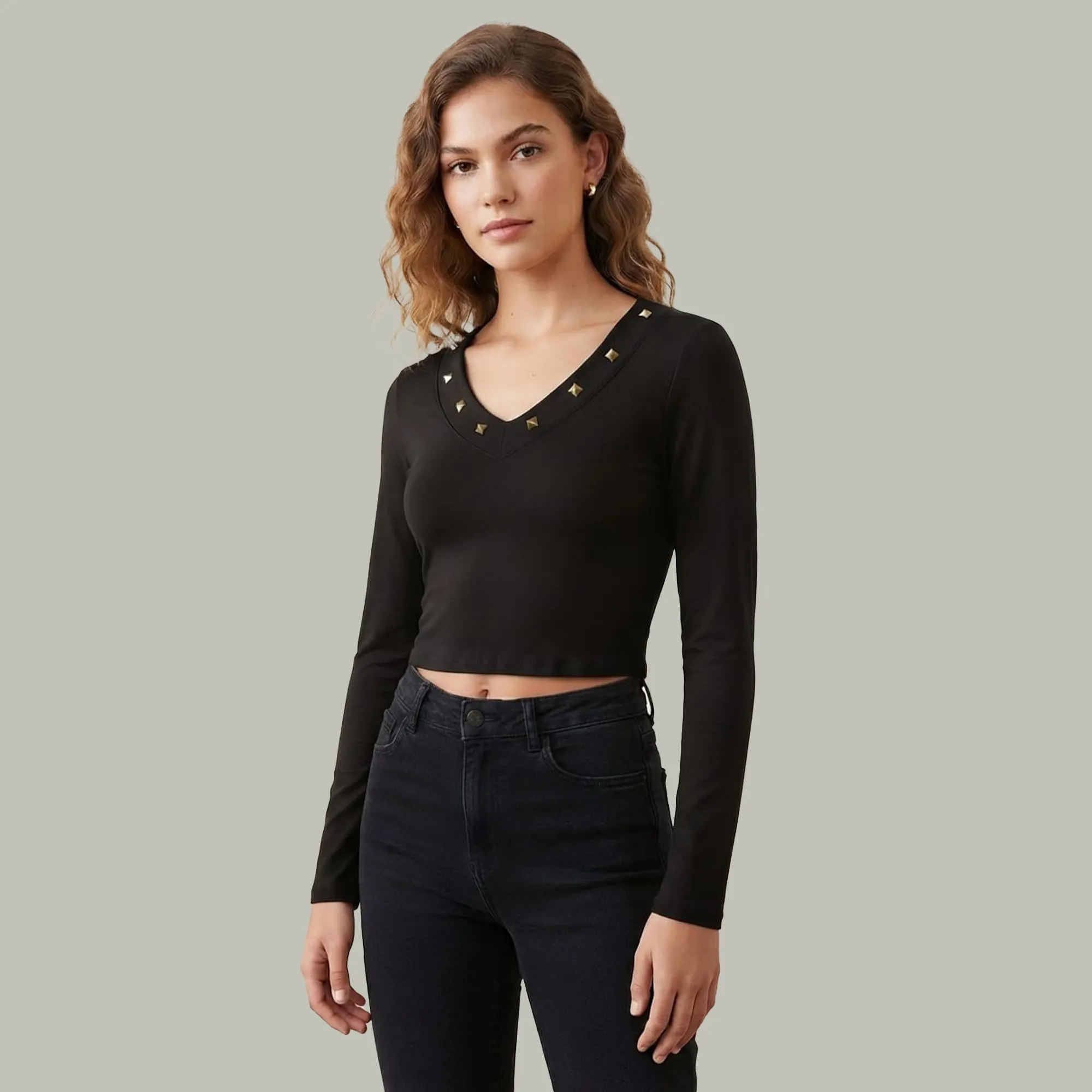 Black-studded-V-neck-full-sleeve-fitted-crop-top-for-women