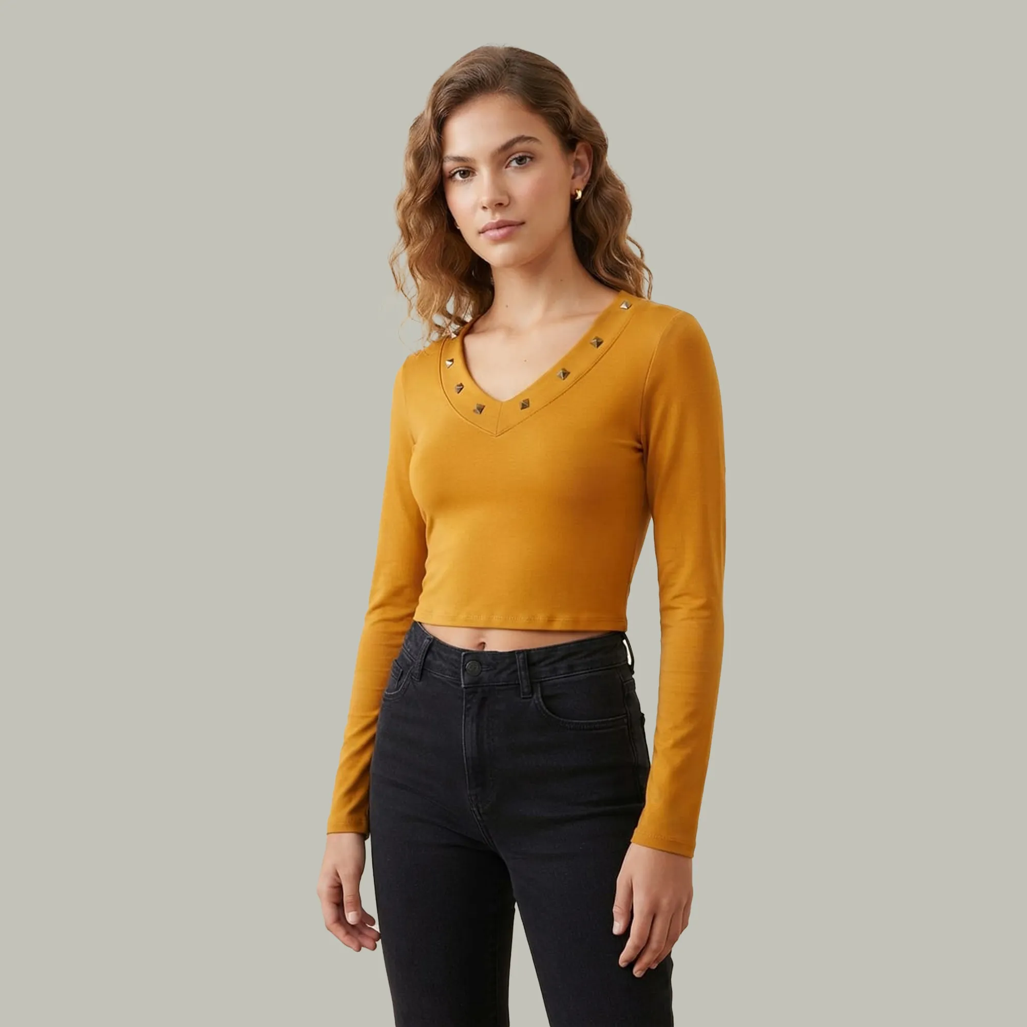 Yellow-studded-V-neck-full-sleeve-fitted-crop-top-for-women