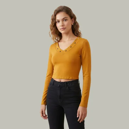 Yellow-studded-V-neck-full-sleeve-fitted-crop-top-for-women