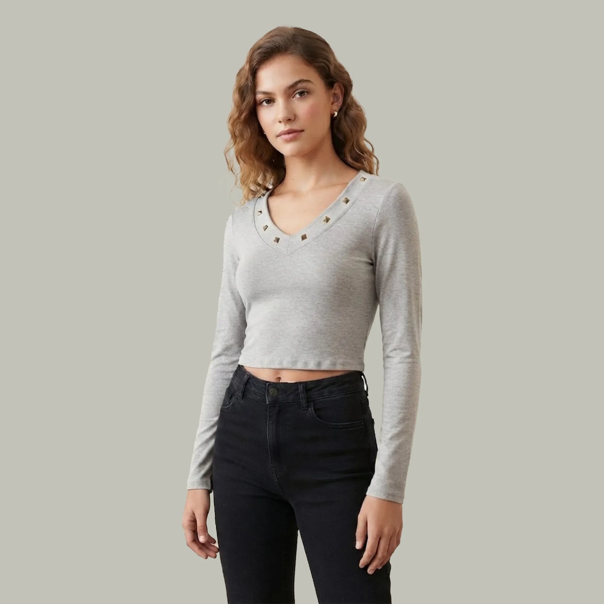 Grey-studded-V-neck-full-sleeve-fitted-crop-top-for-women