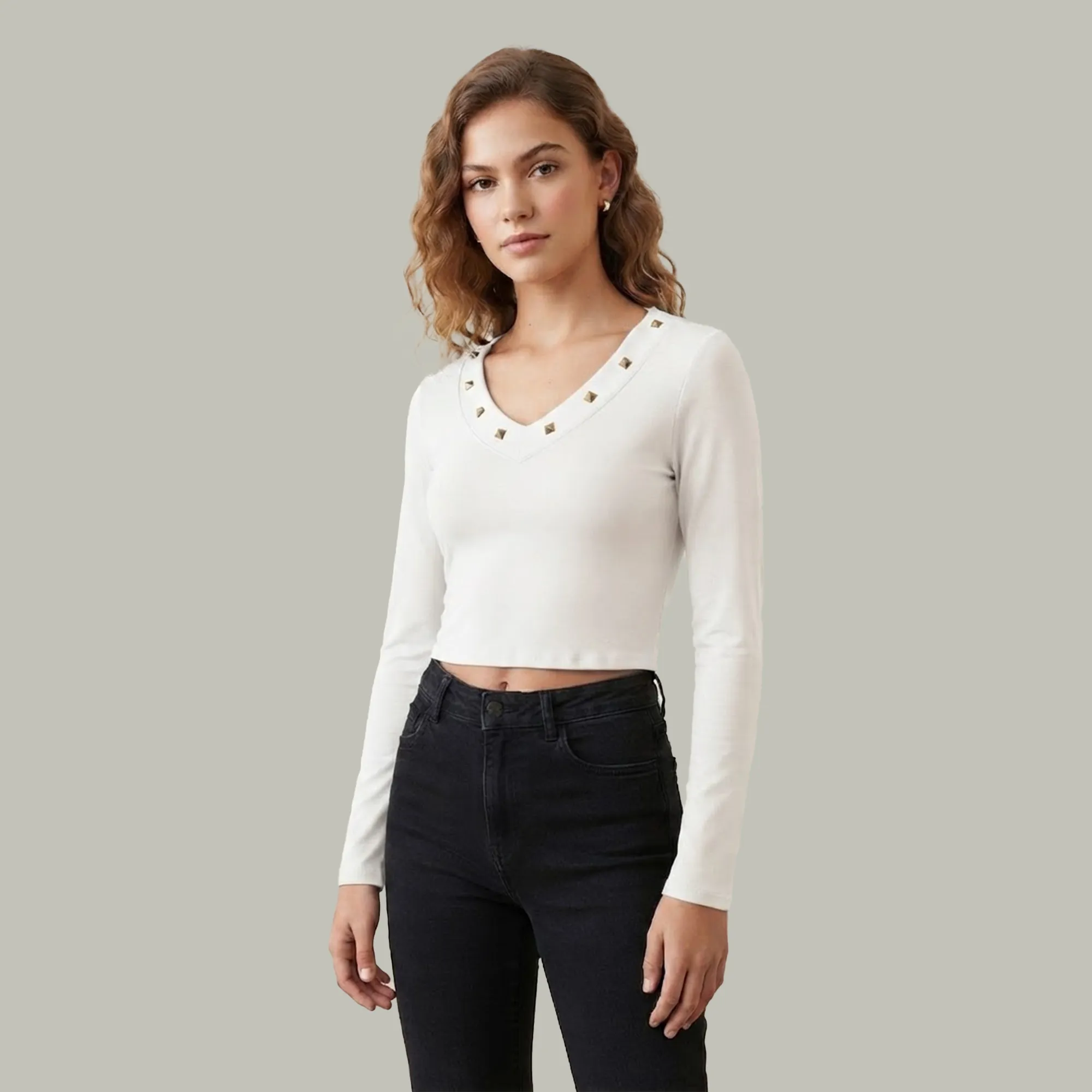 White-studded-V-neck-full-sleeve-fitted-crop-top-for-women