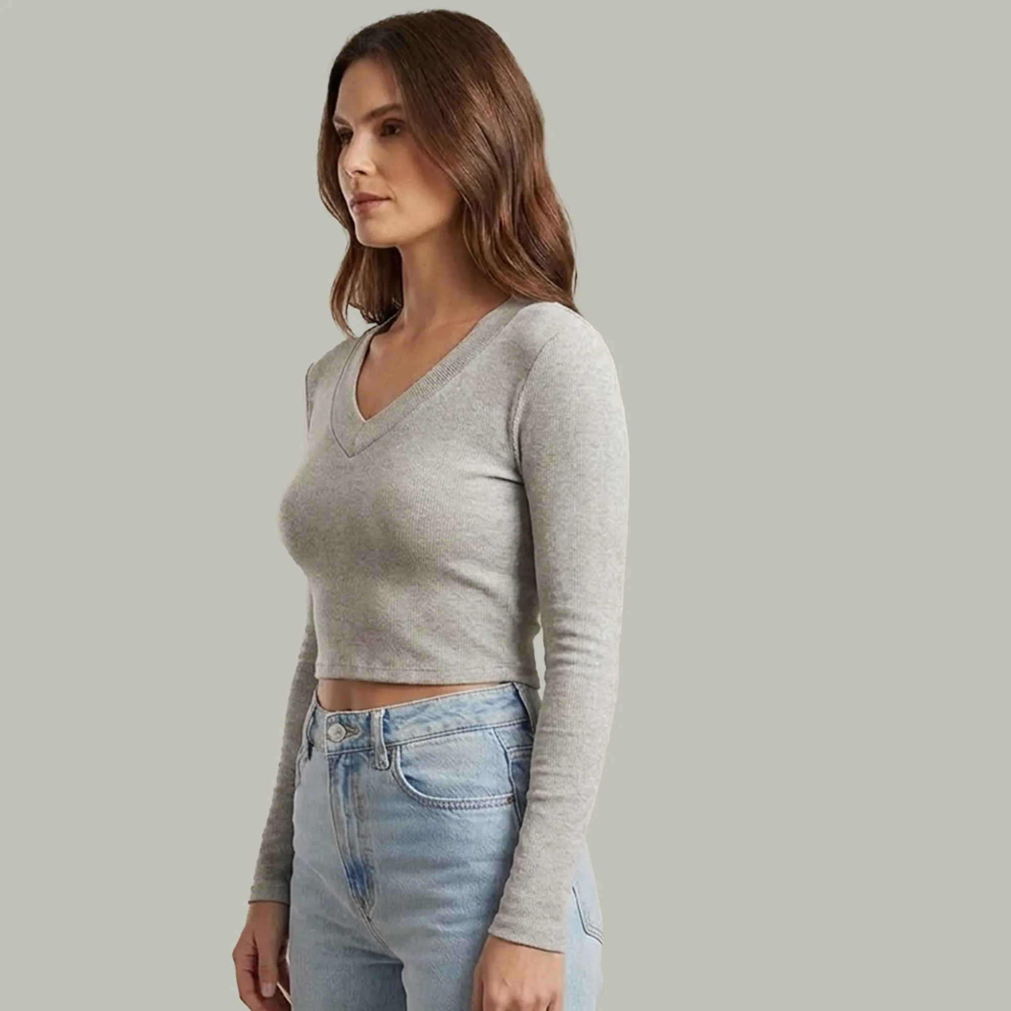 Grey-ribbed-V-neck-full-sleeve-fitted-crop-top-for-women