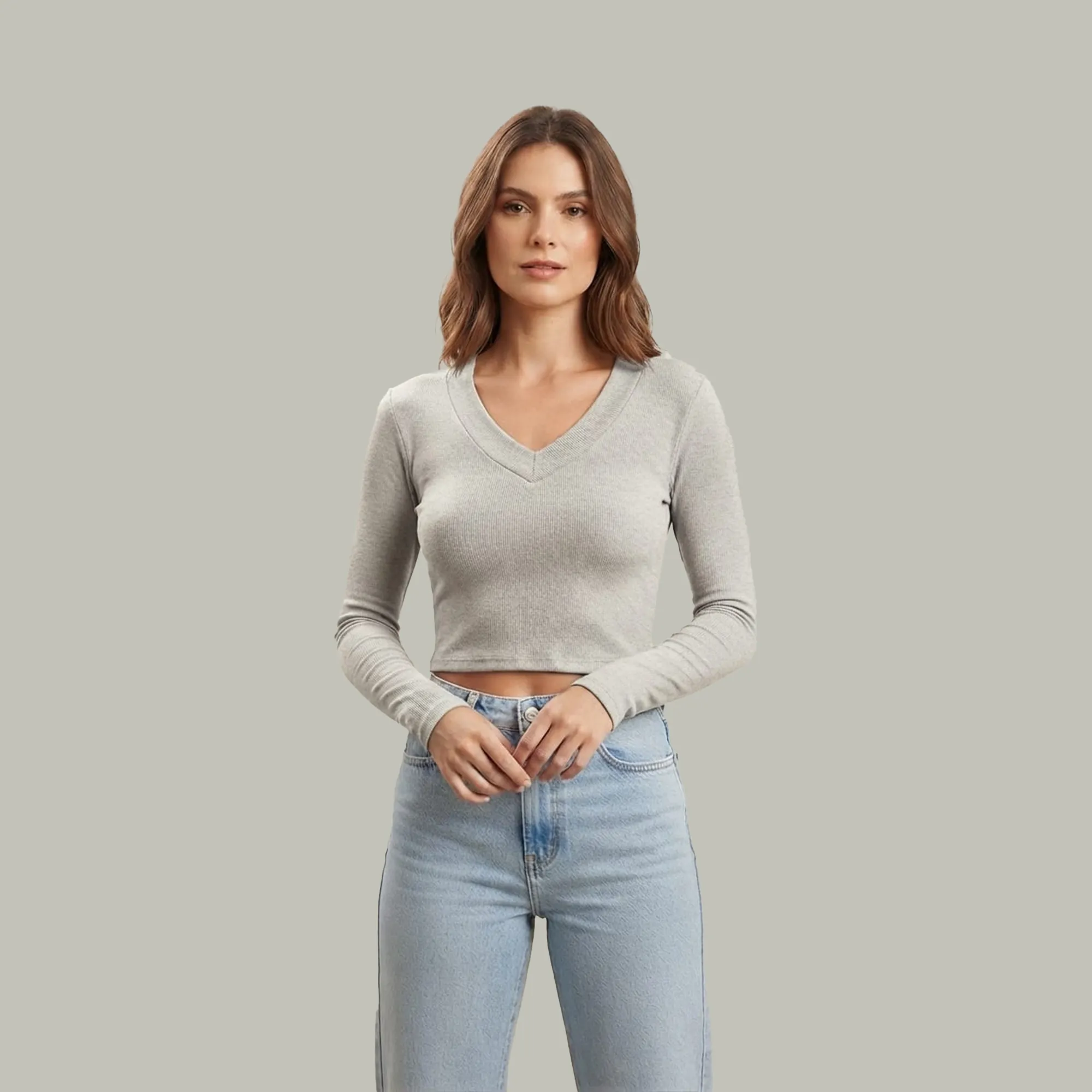Grey-ribbed-V-neck-full-sleeve-fitted-crop-top-for-women